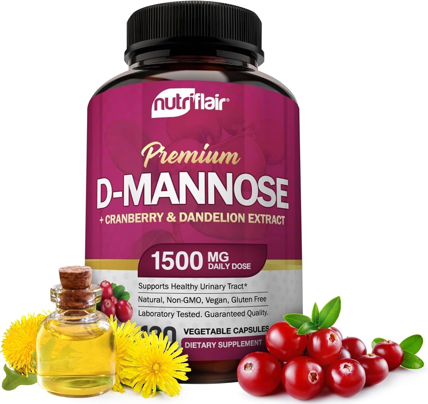NutriFlair D-Mannose 120 Capsules, 1500mg – with Cranberry and Dandelion Extract – Natural Urinary Tract Health UTI Support – Best D Mannose Powder – Flush Impurities, Detox Body, for Women and Men