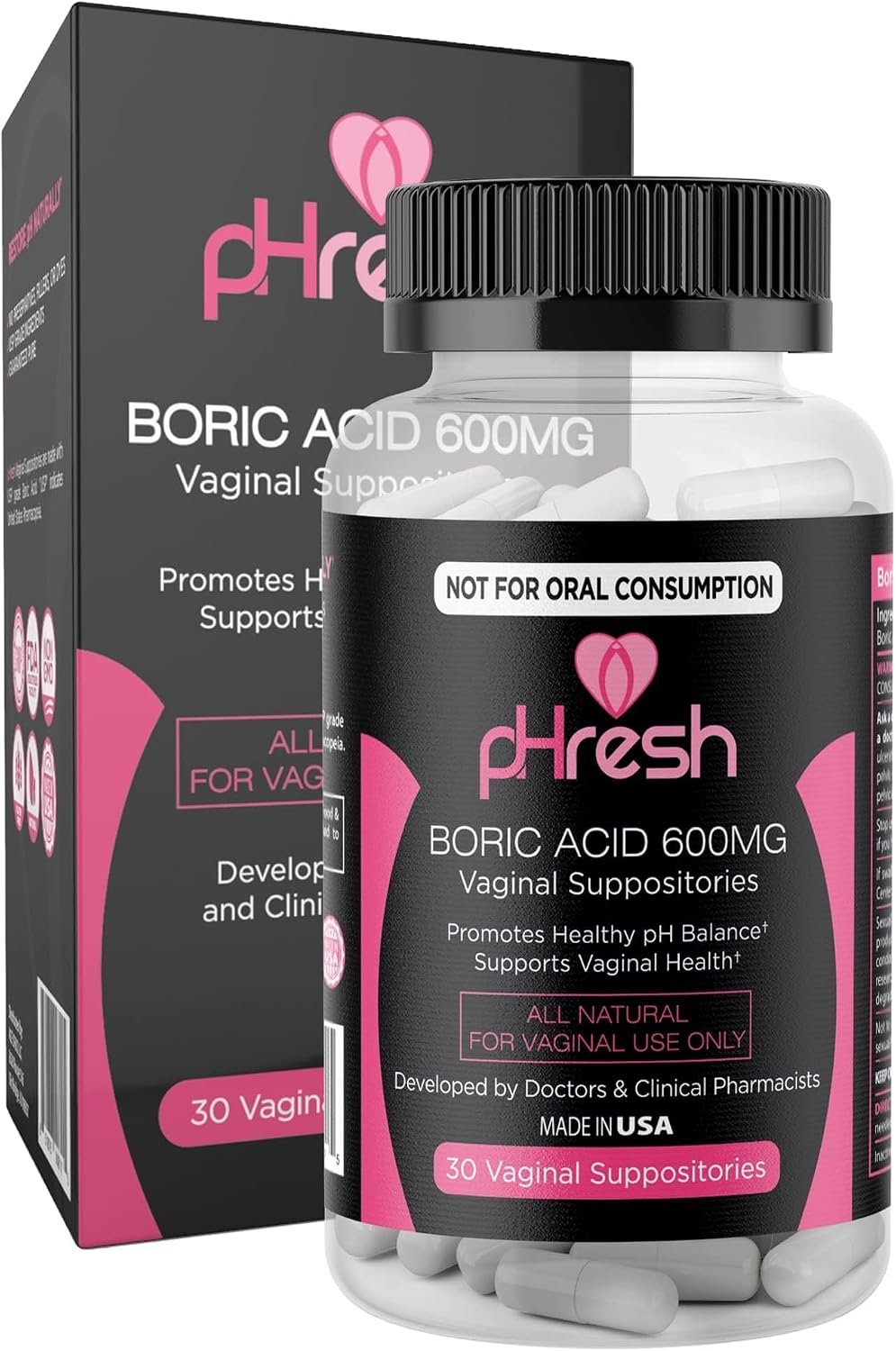 pHresh Boric Acid Suppositories for Women, Suppositories for Odor Use, Natural Feminine Care Supports Vaginal Health & Promotes Healthy pH Balance – Made in USA