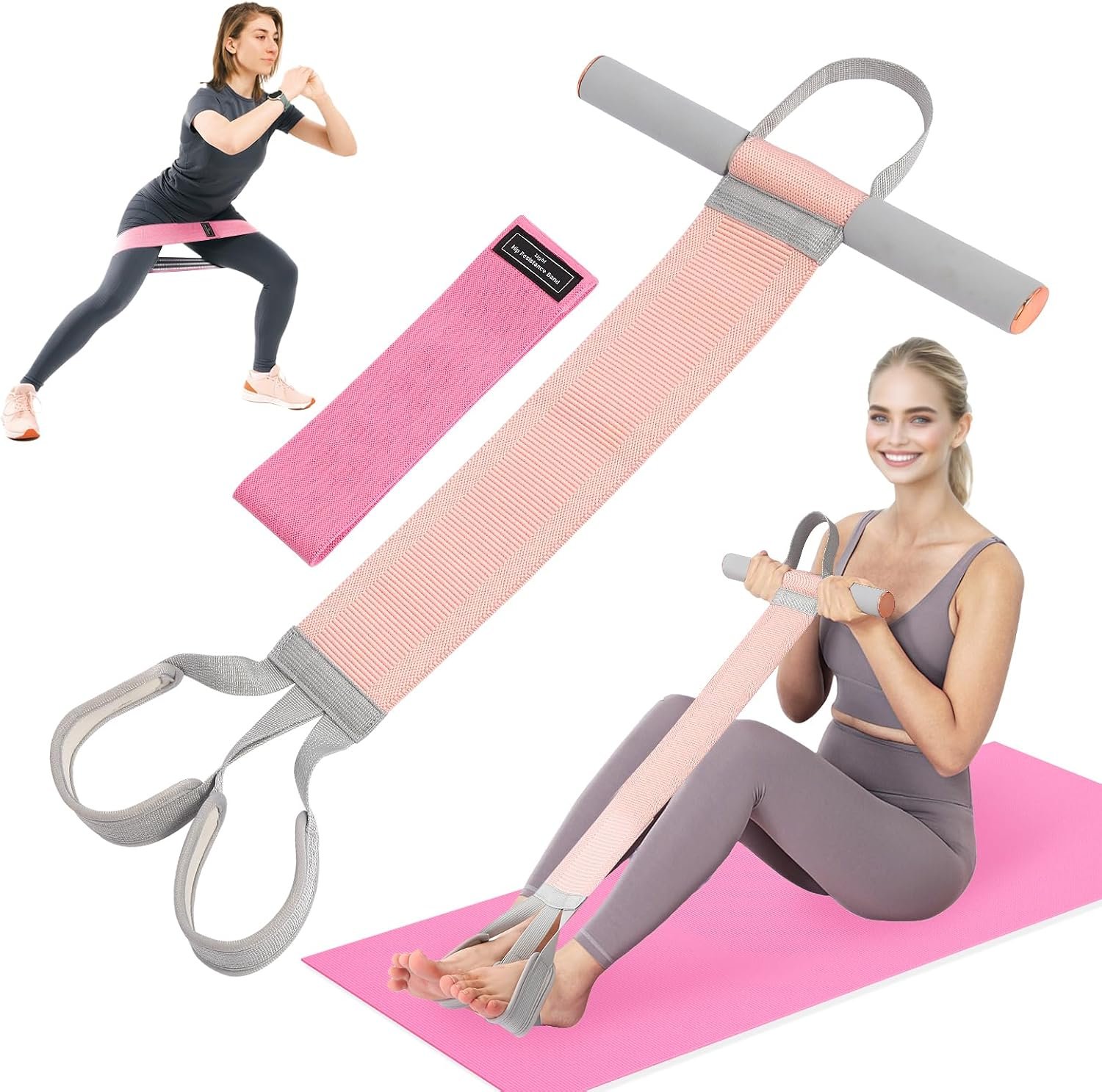 Fitness Resistance Band with Handles & Non-Slip Pedal, 150lb Fabric Exercise Bands, Yoga Starter Sets Sit Up Pull Rope for Full Body Strength Training, Stretch Band Workout Equipment