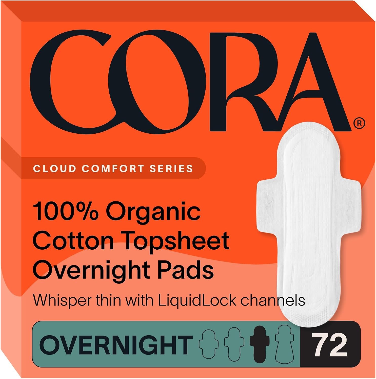 Cora 100% Organic Cotton Topsheet Pads (72 Overnight Pads)