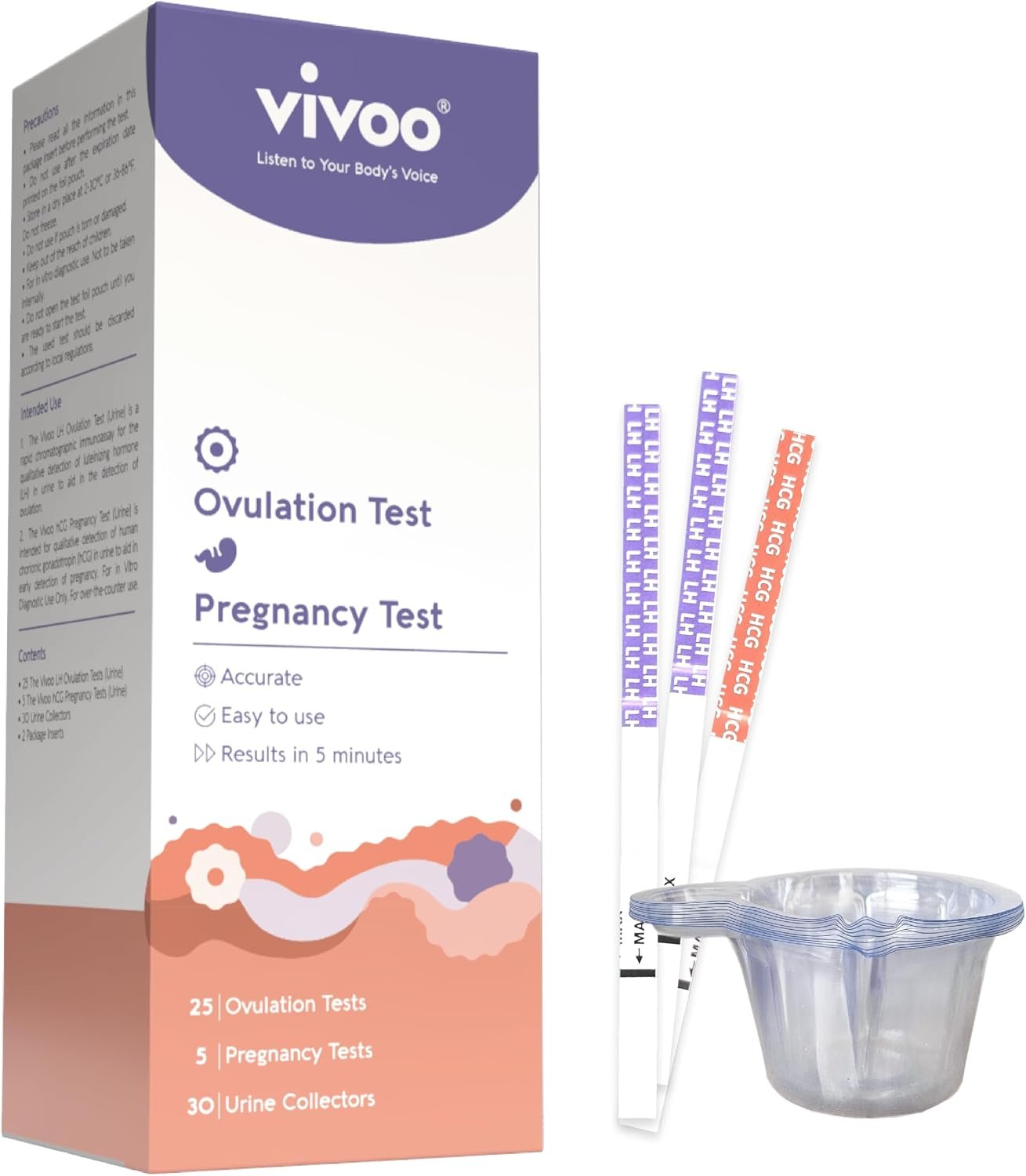 Vivoo Ovulation Test Strips and Pregnancy Test Kit — 25 LH Ovulation Tests + 5 HCG Pregnancy Tests + 30 Cups | 99.1% Accurate | 5-Min Results | Free App Cycle Tracker