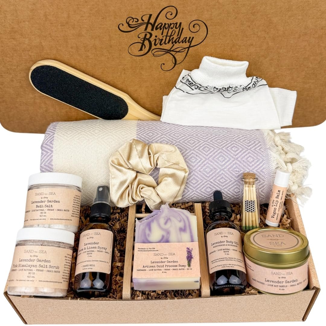 Birthday Gift Baskets for Women, Handmade Lavender Gift Box, Natural Relaxing Spa Self Care Package for Woman 13 Pc, Spa Gifts for Women, Gift Basket for Her, Birthday Box (Lavender Garden)