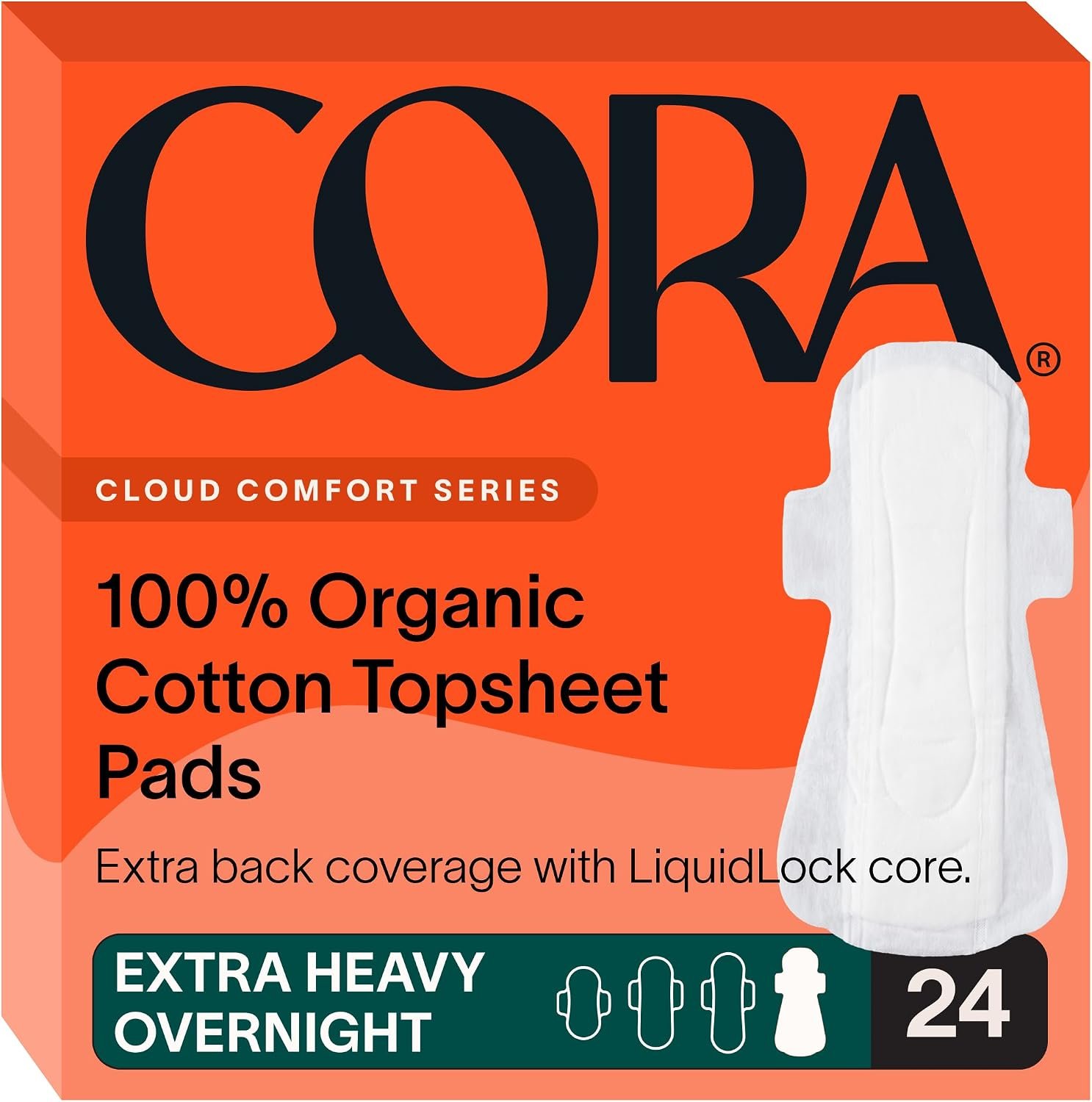 Cora 100% Organic Cotton Topsheet Extra Heavy Overnight Pads (24 Count)