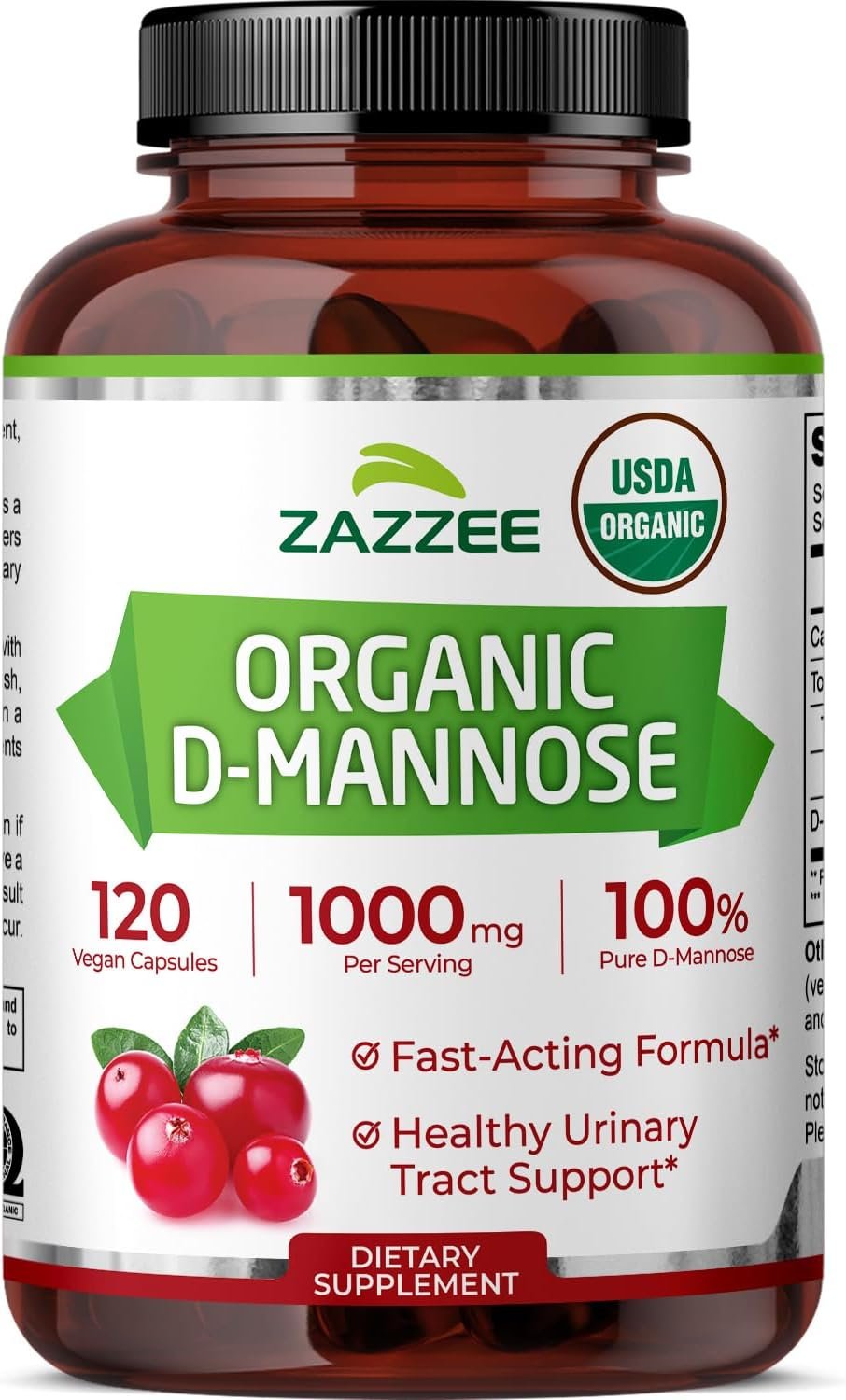 Zazzee USDA Organic D-Mannose, 1000 mg Per Serving, 120 Vegan Capsules