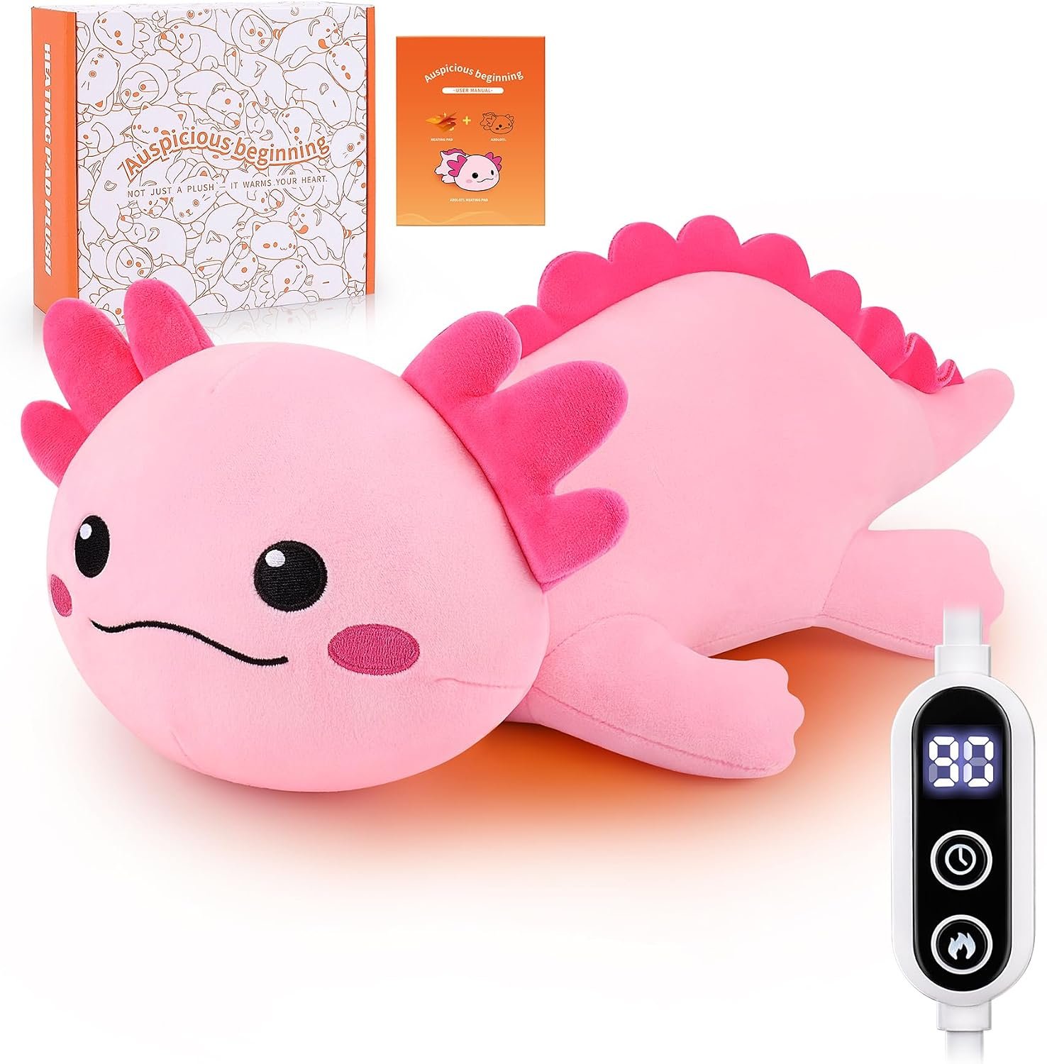 Electric Heating Pad for Period Cramps, 14” Cuddly Pink Axolotl Plush with a Hot Soft Belly USB Powered, Menstrual Heating Pad Neck Shoulder Pain Relief, Gift for Daughter Wife Period Heating Pad