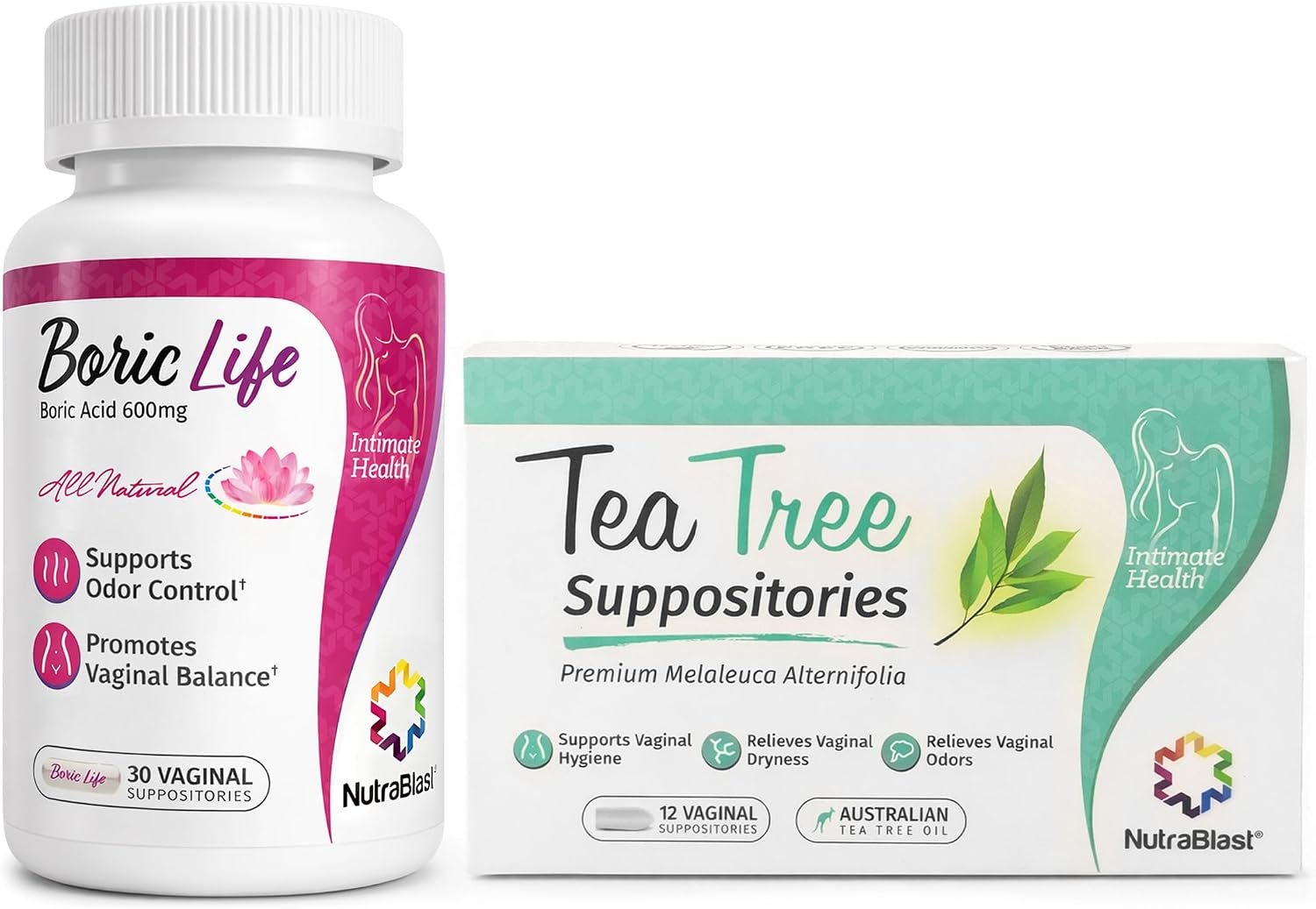 NutraBlast Boric Acid Suppositories Bundle with Tea Tree Oil Suppositories