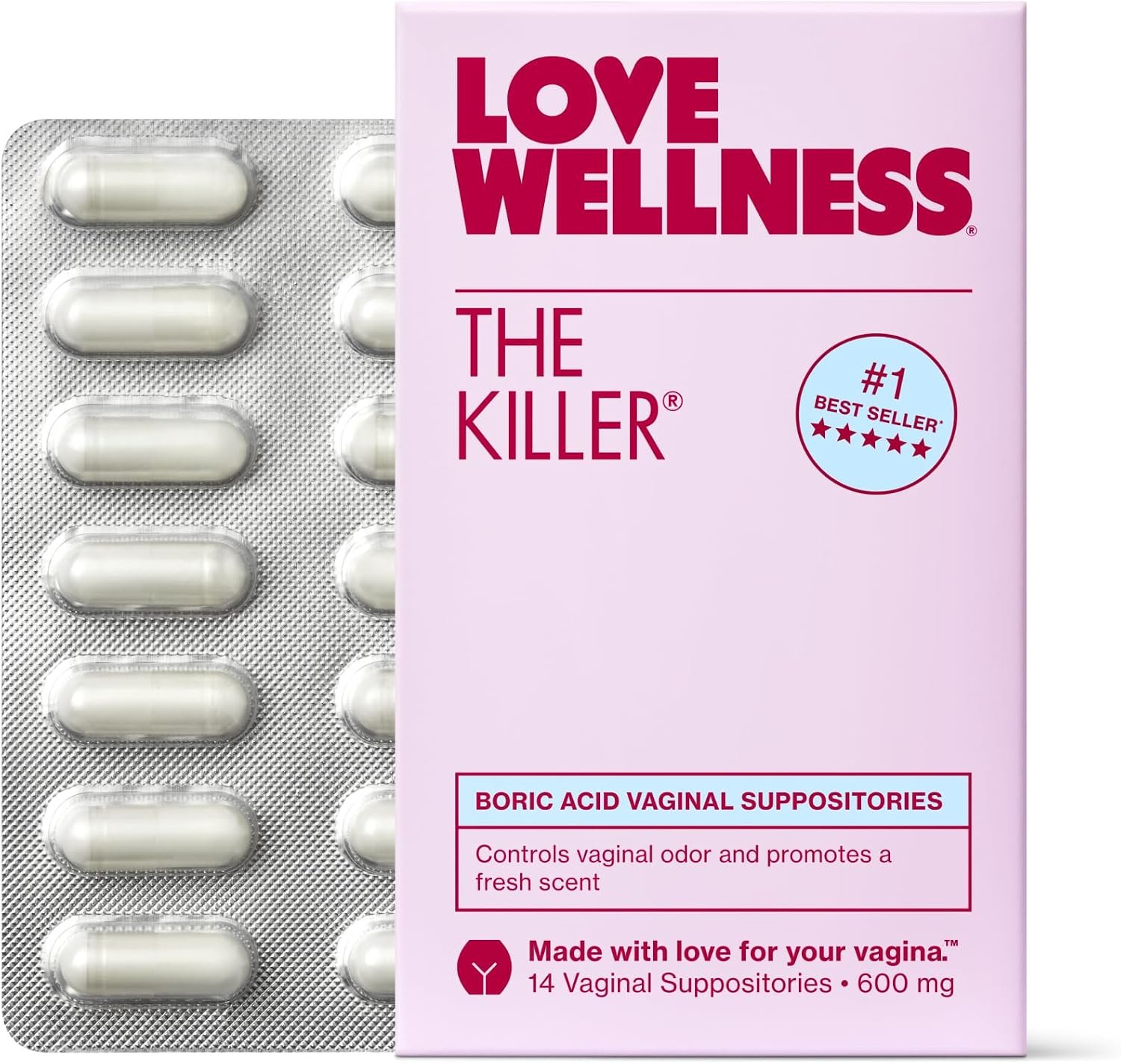 Love Wellness The Killer| 600mg Boric Acid Vaginal Suppositories| 14 Count