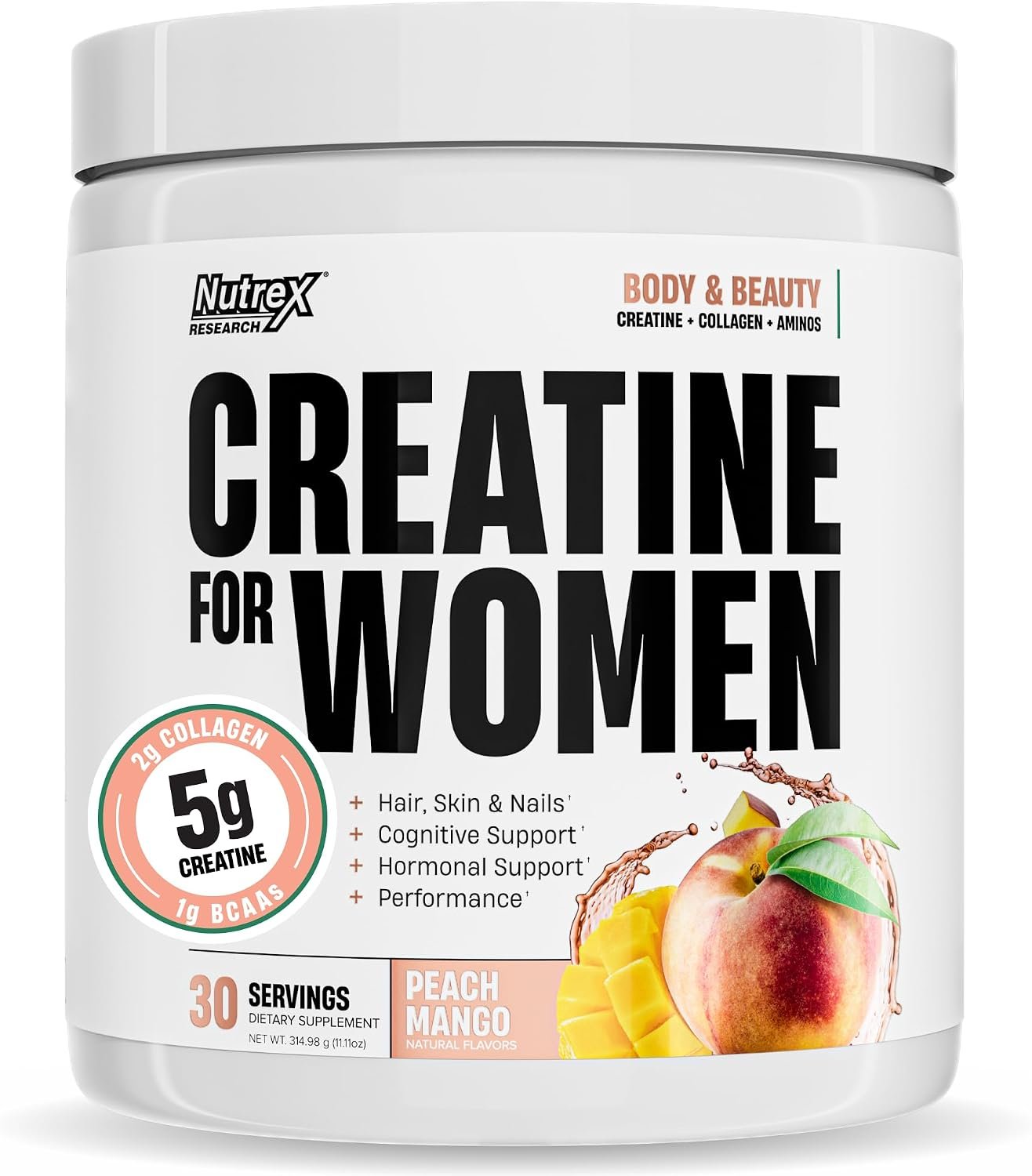 Nutrex Research Creatine for Women Booty & Beauty – Peach Mango | 5g Creatine, 2g Collagen, BCAAs & Hyaluronic Acid for Glutes, Strength & Skin | Gluten Free, 30 Servings