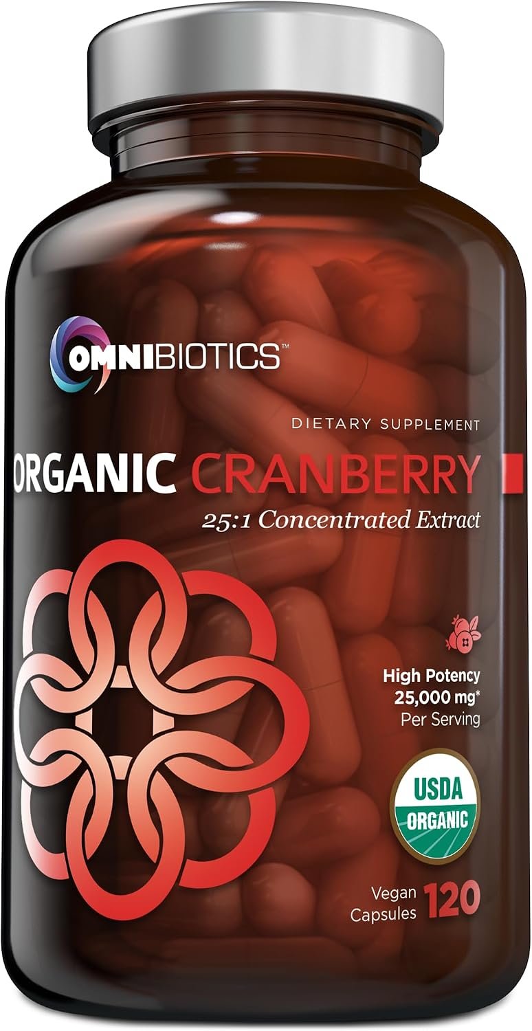 OmniBiotics USDA Organic Cranberry Pills for Women – High Potency 25,000 mg Supplement with 25:1 Fruit Extract – Daily Urinary Tract Support – 120 Vegan Capsules