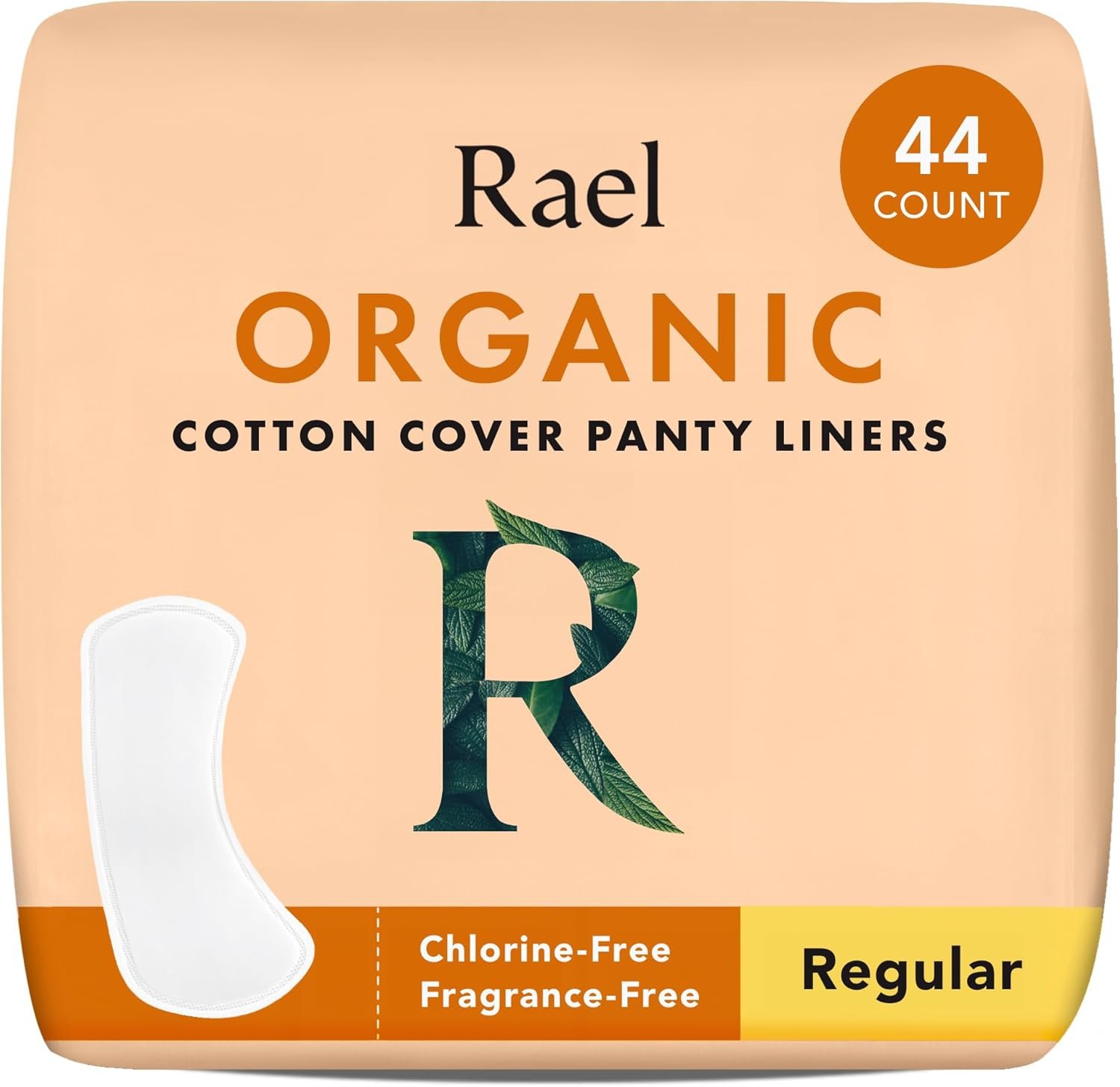 Rael Daily Panty Liners for Women, Organic Cotton Cover (Regular, 44 Count)