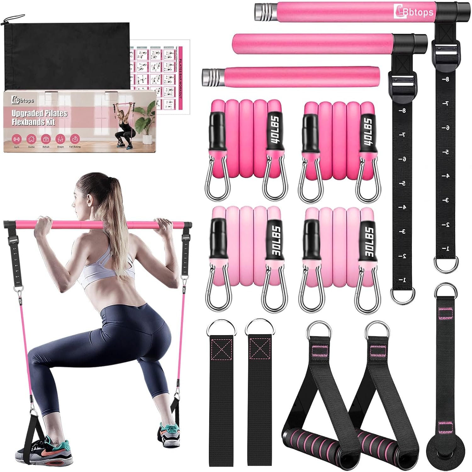 Bbtops Pilates Bar Kit with Resistance Bands,Pilates Bar with Stackable Bands Workout Equipment for Legs,Hip,Waist and Arm,Exercise Fitness Equipment for Women & Men Home Gym Yoga Pilates