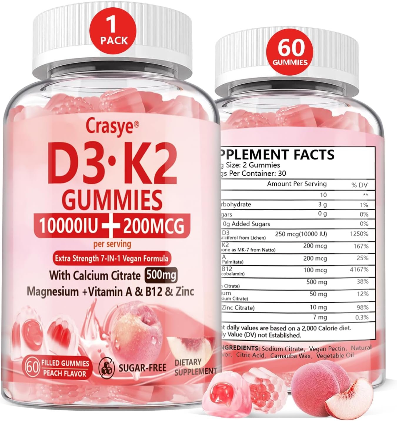 Vitamin D3 K2 Gummies 10000 IU with 500mg Calcium Magnesium Zinc