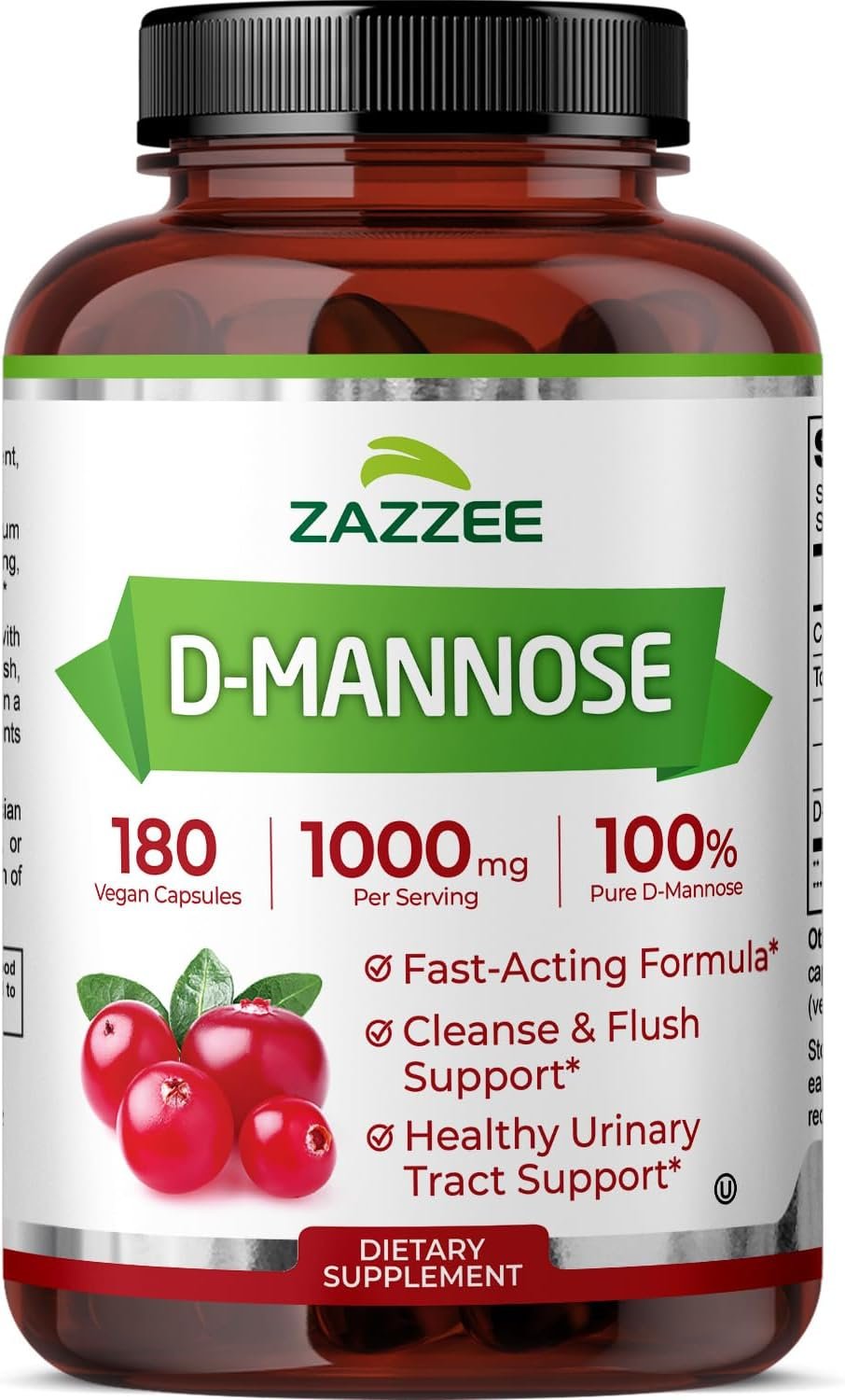 Zazzee D-Mannose, 1000 mg per Serving, 180 Vegan Capsules, 3 Month Supply