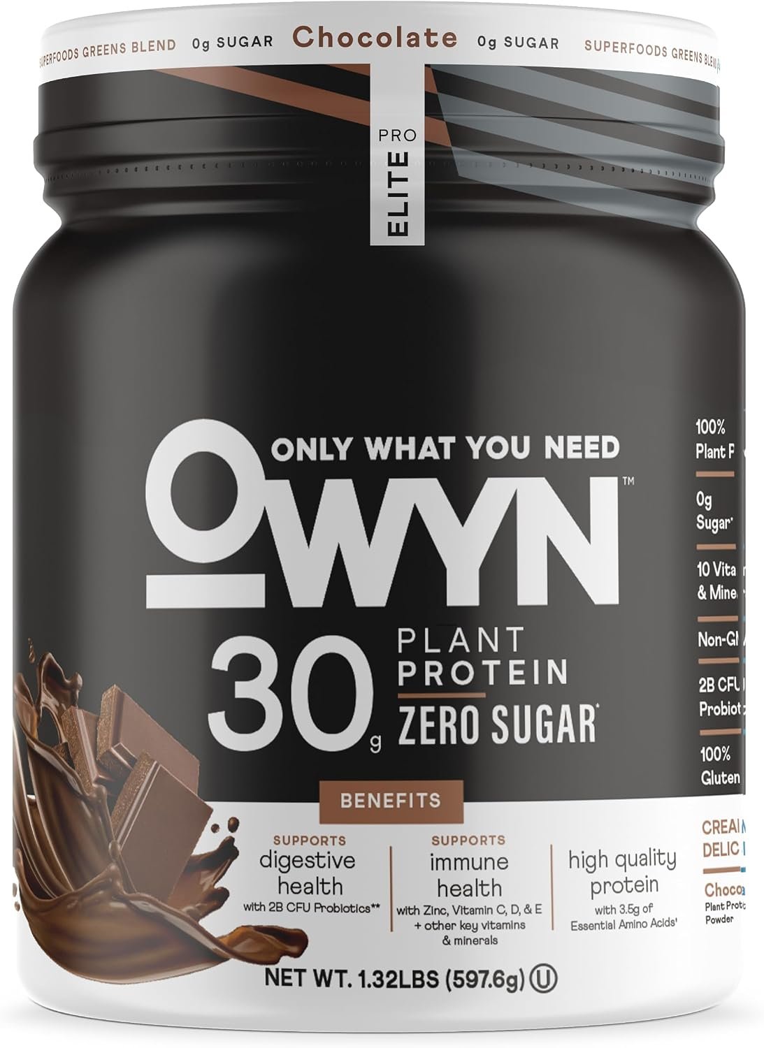 Owyn Only What You Need Pro Elite High Protein Powder, 30g Vegan Protein for Workout Recovery, Delicious Smooth Taste, Zero Sugar, Low Net Carbs, Chocolate, 12 Servings (1.32 LB)