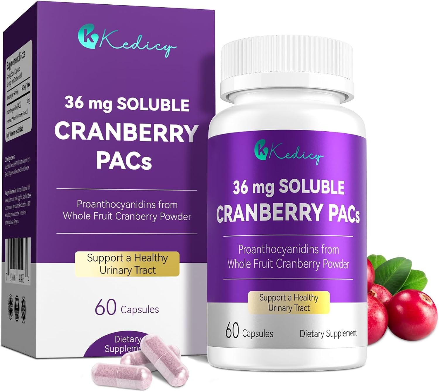 Cranberry Pills for Women with 36 mg Soluble PACs, Sourced from New England Whole Fruit Cranberries Powder, Cranberry Pills for UTI Defense & Urinary Tract Health, 60 Caps