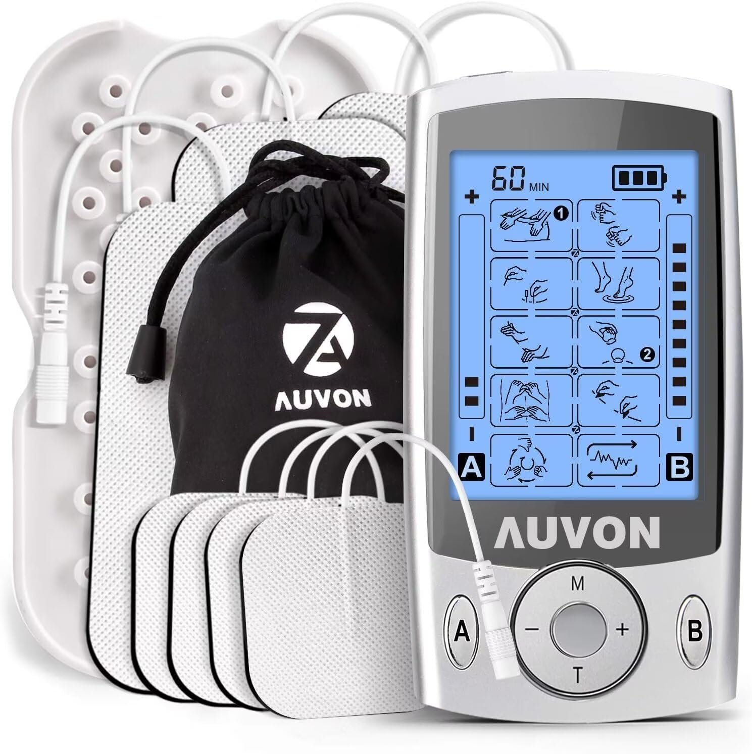 AUVON Dual Channel TENS Unit Muscle Stimulator Machine with 20 Modes, 2″ and 2″x4″ TENS Unit Electrode Pads
