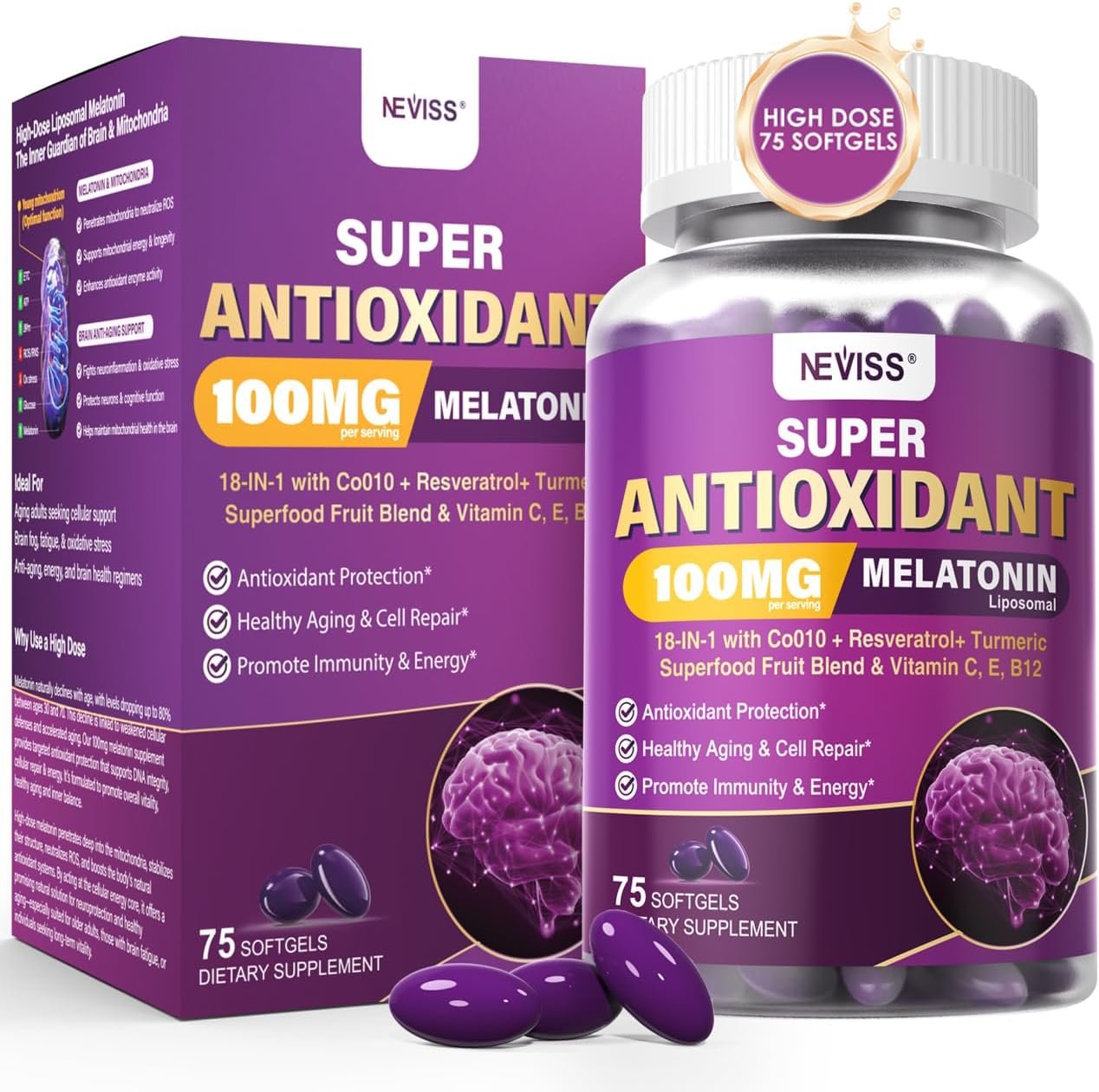 Melatonin 100mg – High Potency Antioxidant & Cognitive Formula, 75 Softgels