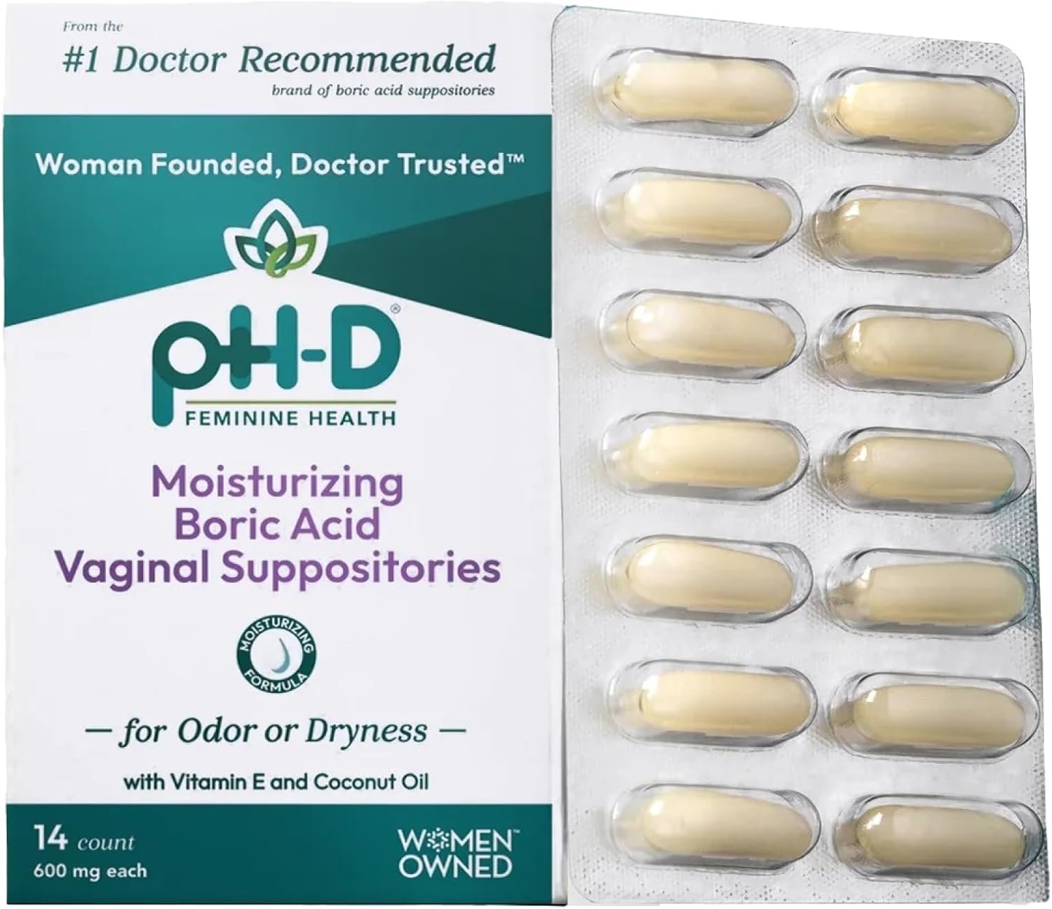 pH-D Feminine Health Moisturizing Boric Acid Suppositories, 14 Count