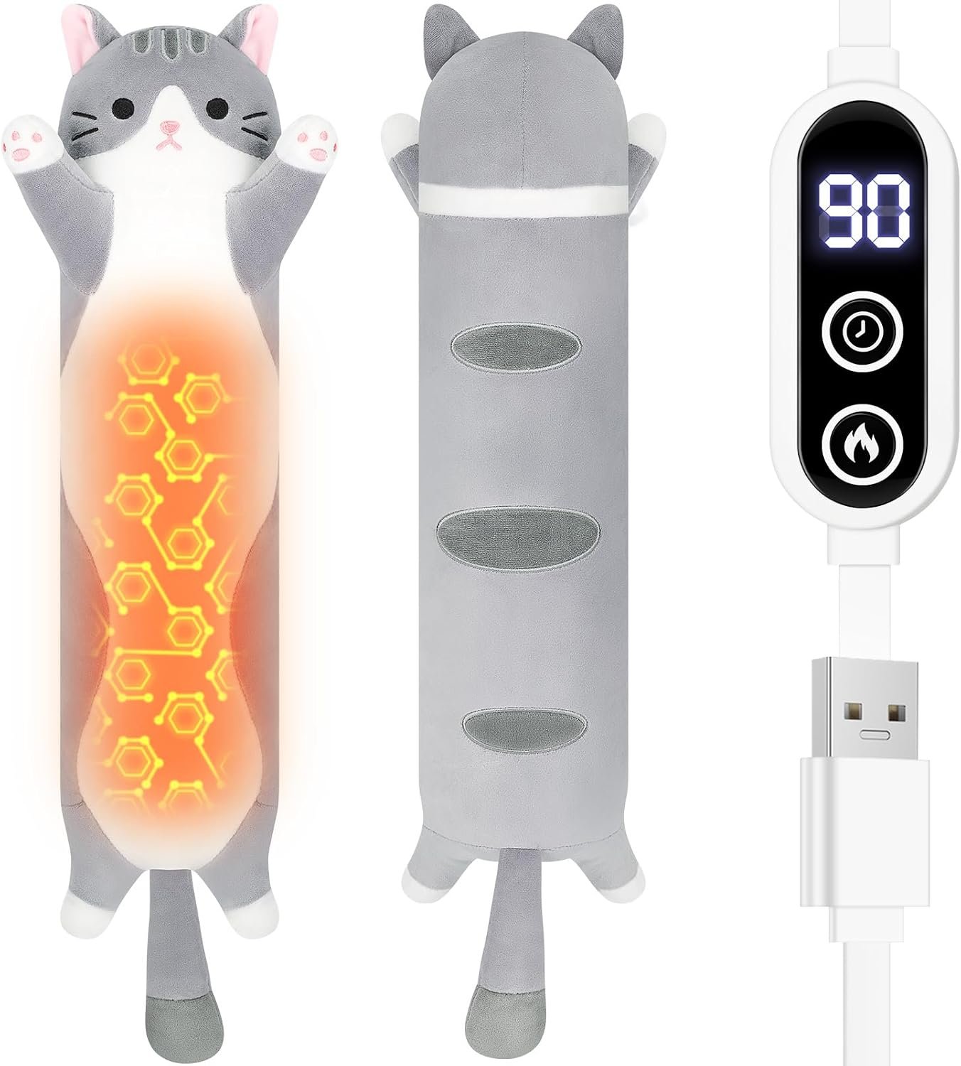 Gray Cat Plush USB Heating Pad for Girl Period Cramps Menstrual