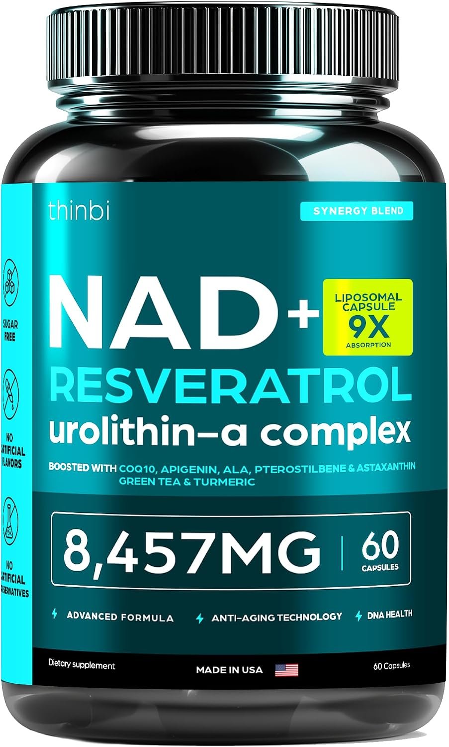 Thinbi Liposomal NAD+ Supplement with Resveratrol & CoQ10, 60 Count
