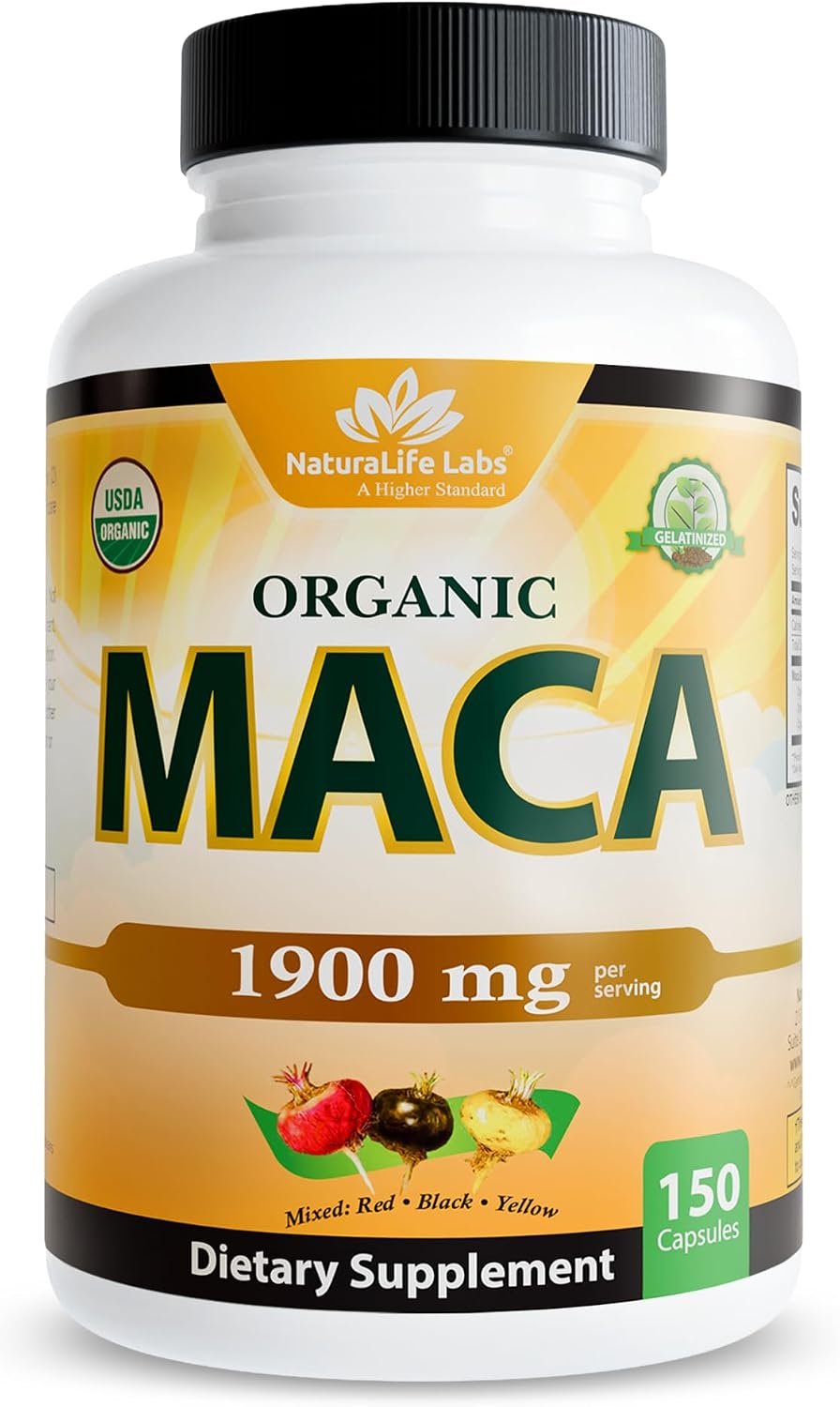 NaturaLife Labs Organic Maca Root – Black, Red & Yellow – 1900 mg per Serving – 150 Capsules – Gelatinized Peruvian Maca – Non-GMO, Gluten-Free, Vegan