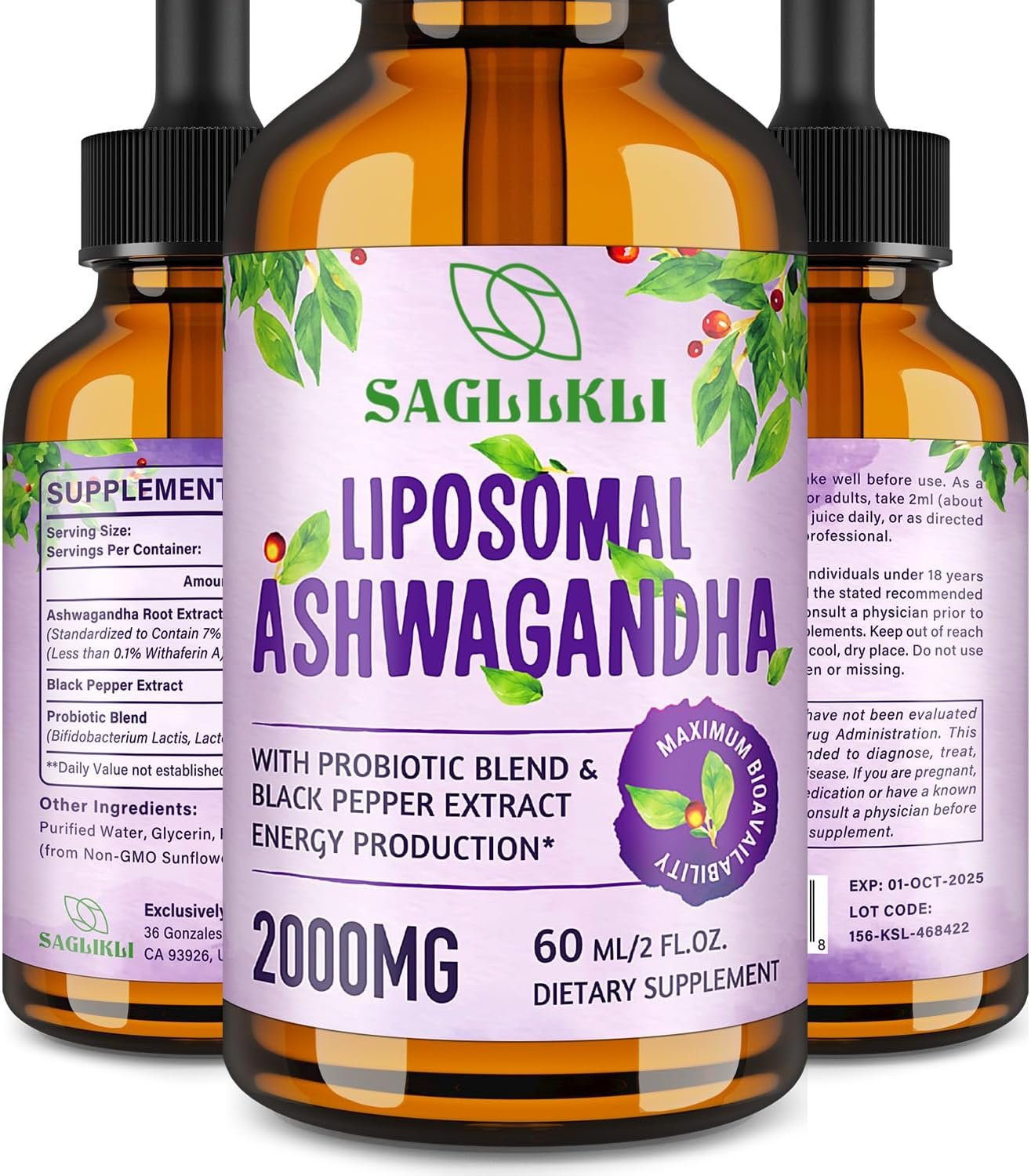 Liposomal Ashwagandha Liquid Drops 2000mg, 2 FL.OZ (1 Bottle)