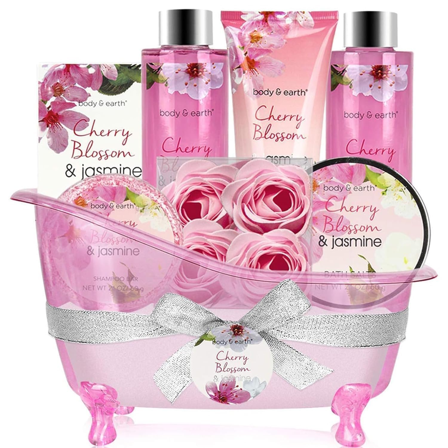 Body & Earth Gift Baskets for Women Bath and Body Set for Her, Cherry Blossom & Jasmine Spa Gifts for Women , Birthday, Christmas Gifts for Wife, Girlfriend, Mom