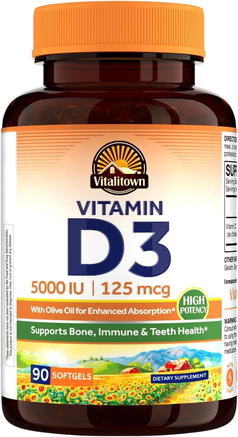 Vitalitown Vitamin D3 125 mcg (5000 IU) High Potency for Bone, Teeth, Heart and Immune Health Support, Olive Oil Based, Non-GMO and No Gluten, 90 Softgels