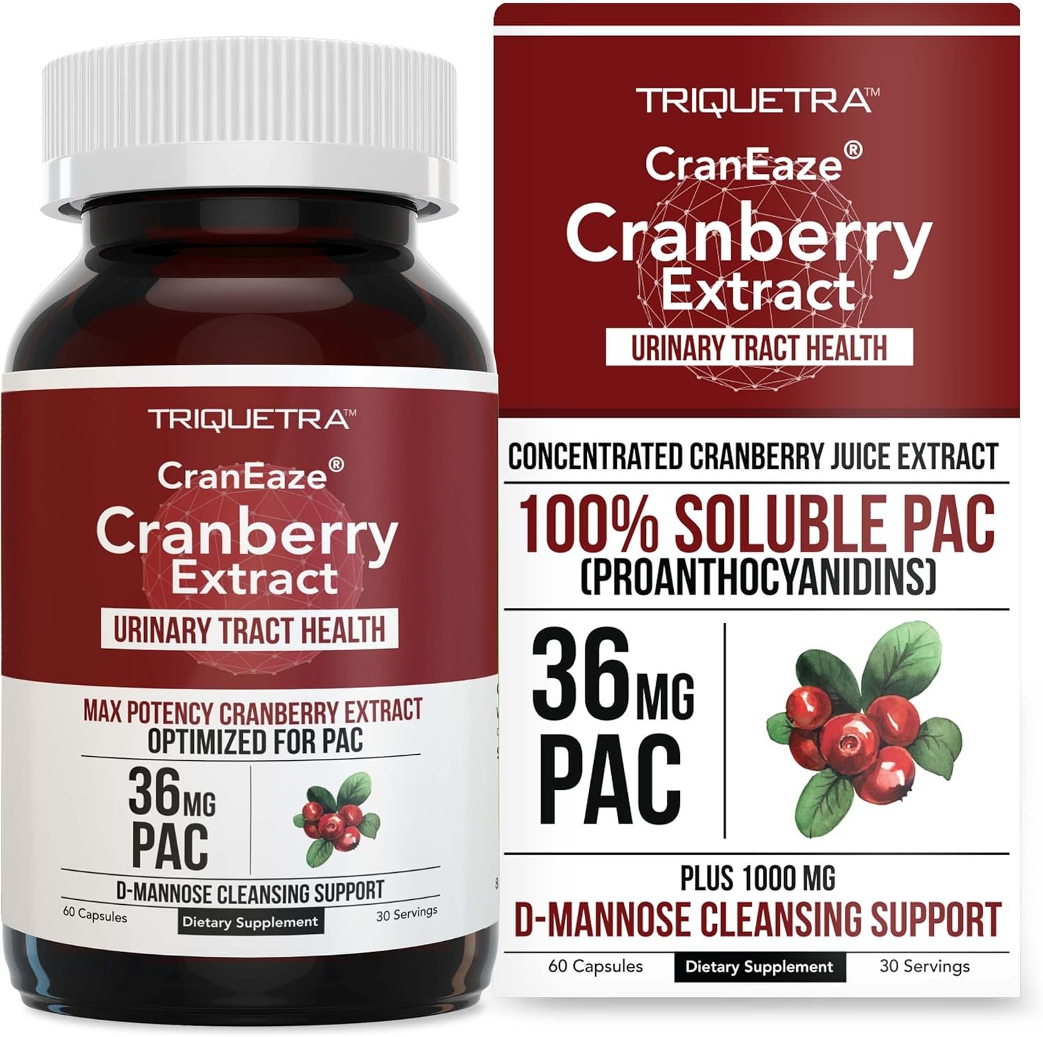 CranEaze®: Cranberry Juice Extract Plus D-Mannose – 36 mg PAC, 100% Soluble PAC – Supports Urinary Tract Health – Most Effective Cranberry Pills for Women, UTI Cranberry Supplement – 60 Capsules