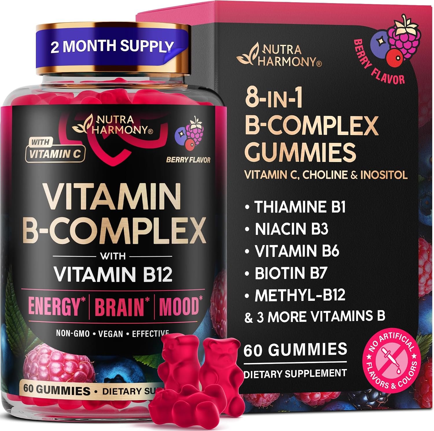 Vitamin B-Complex Gummies for Women & Men – Full B Complex & B12 – 60 Gummy