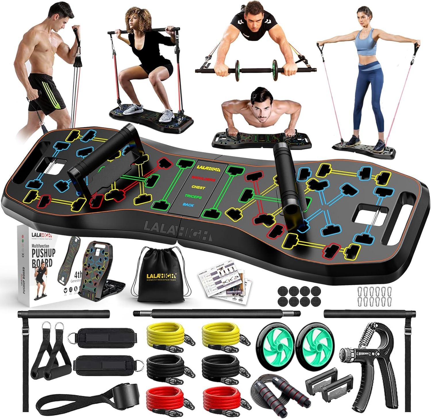 LALAHIGH Push Up Board,36 in 1 Home Gym Equipment with Ab Roller Wheel & Resistance Bands, Portable Foldable Workout Board for Full Body Strength Training Men Women,Gift for Boyfriend