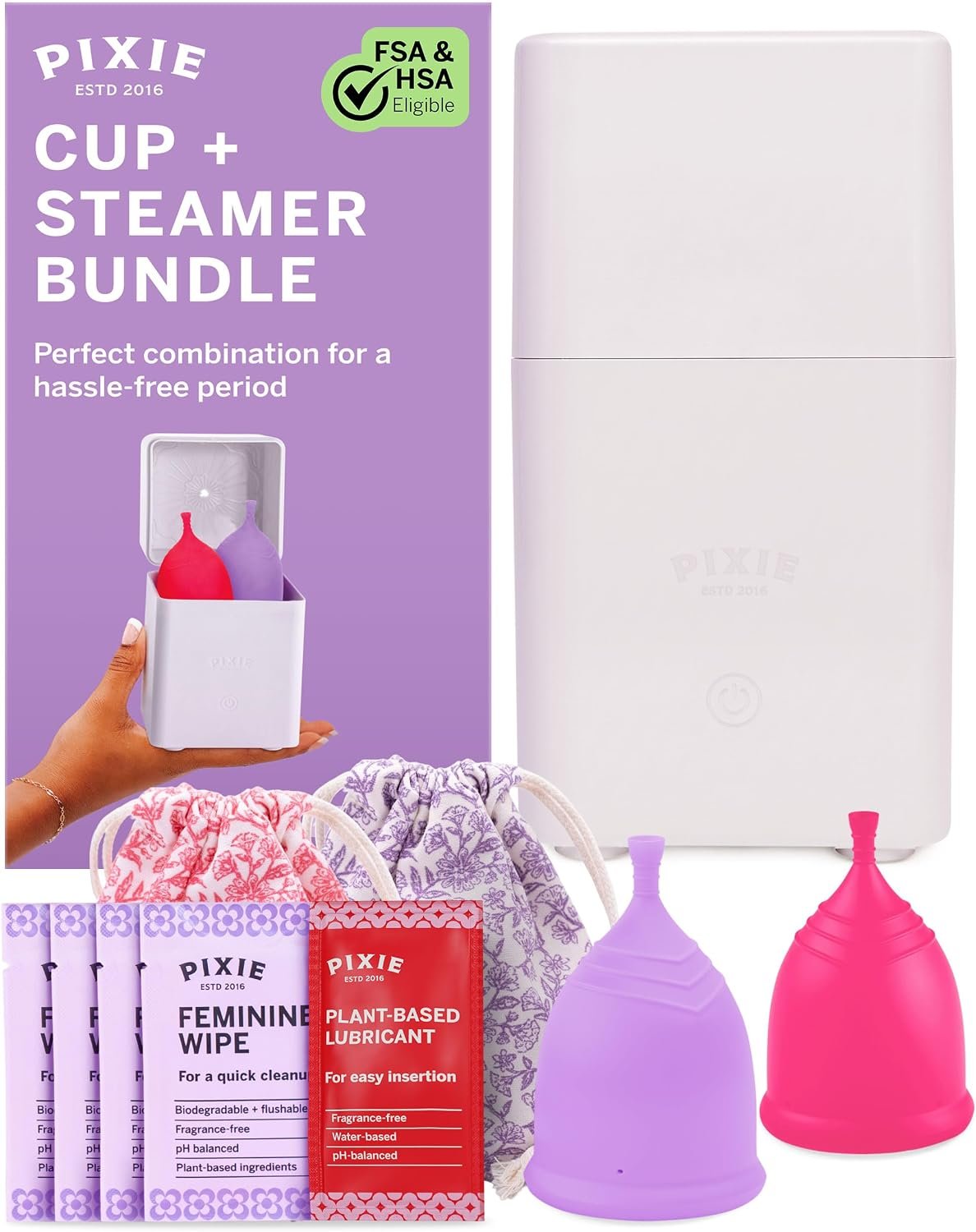 Pixie Menstrual Cups with Sterilizer – The Most Comfortable Soft Reusable Period Cup – Kills 99.9% of Germs with Clean Steam – Wash Your Cup in 3 Minutes! – Compact Sanitizer Kit for Feminine Care