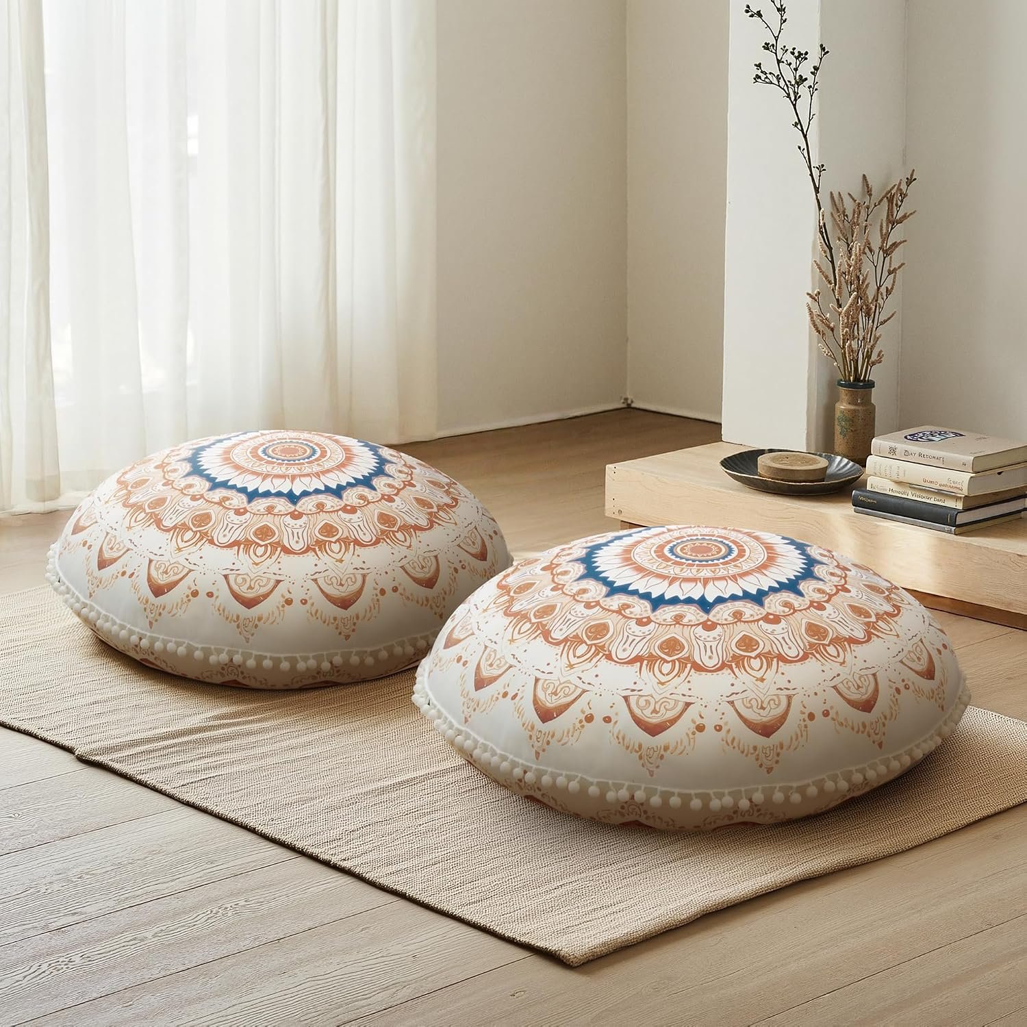 Meditation Cushion Set of 2, Round Floor Pillow Seating for Adults, Bohemian Mandala Yoga Cushion, 32″ Extra Thick Memory Foam Removable Washable Cover, Ideal Gift Holiday Decor, Brown