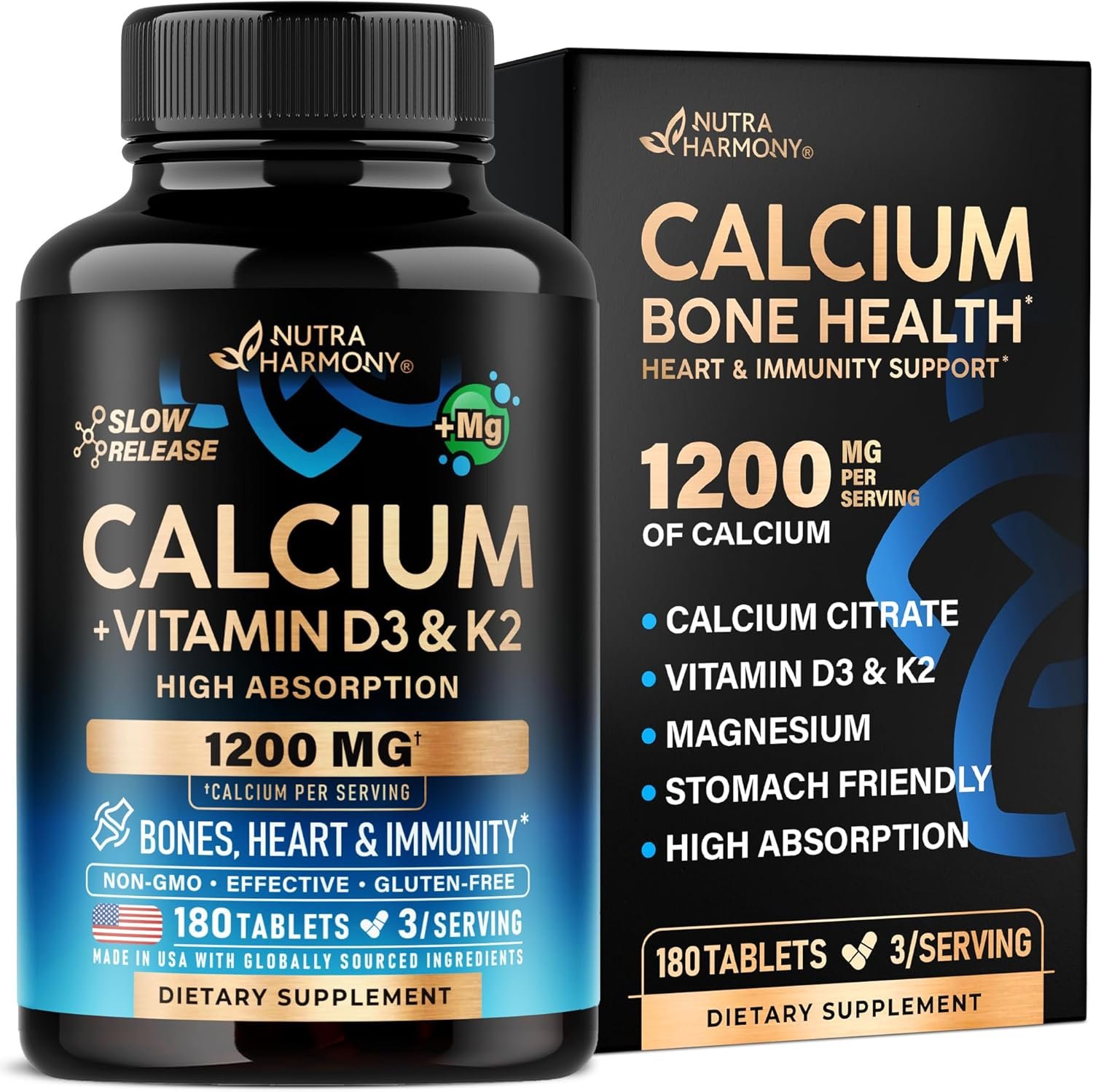 Calcium 1200mg + Vitamin D3 – Calcium Citrate for Women & Men – 180 Tabs