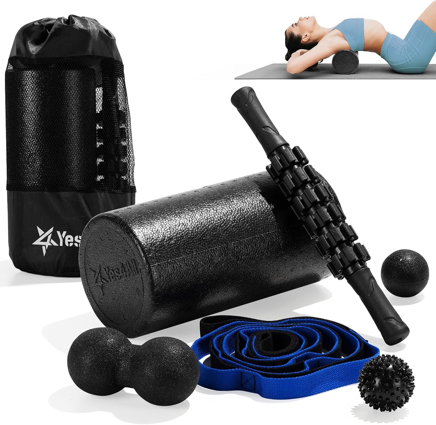 Yes4All Foam Muscle Roller Set, 7-in-1 High-Density Set of Back Roller, Fascia Massage Tool, Stretch Strap, Spiky, Peanut & Smooth Massage Balls, Carry Bag – Ideal for Muscle Care & Relaxation