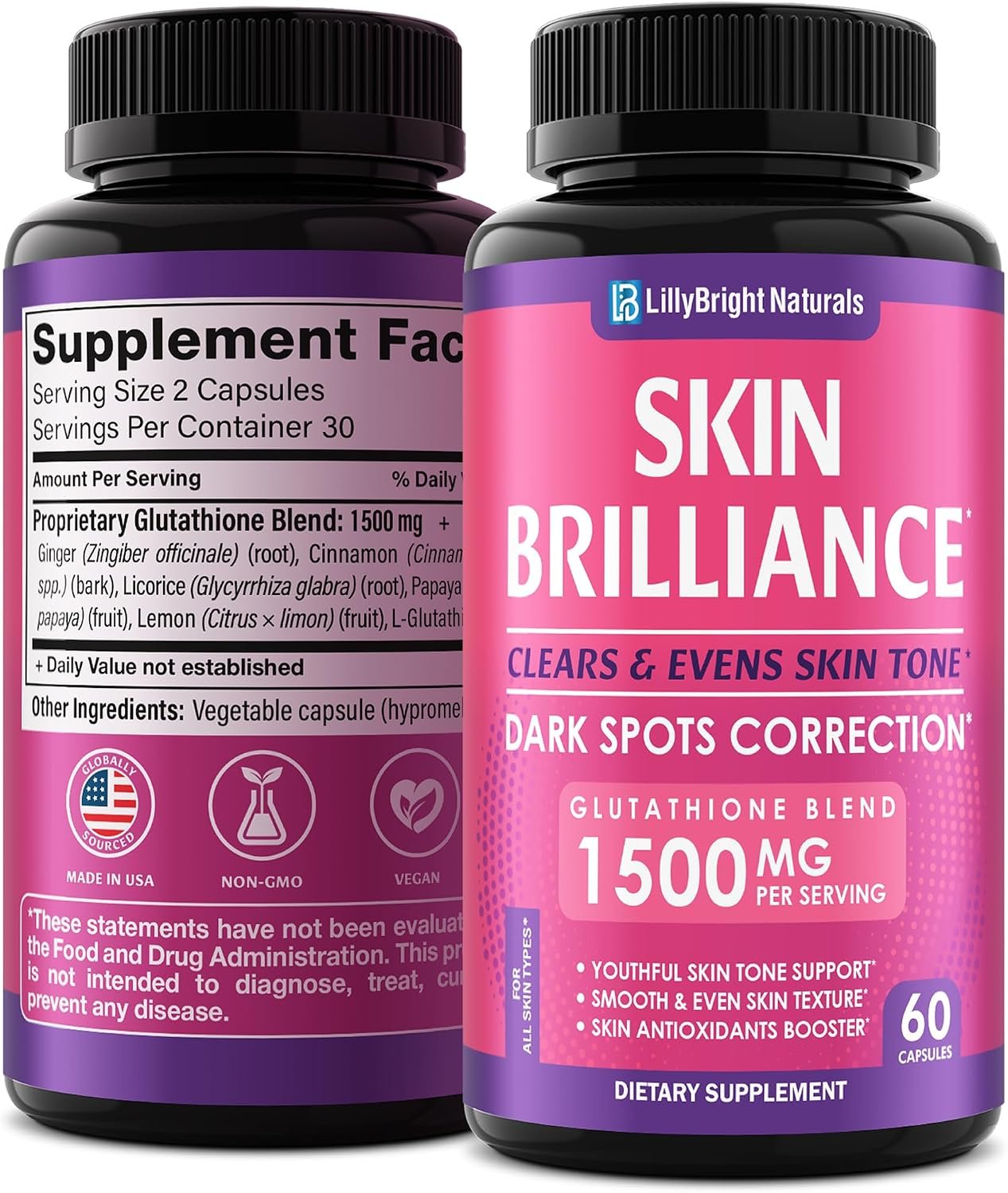 Glutathione Capsules – 1500mg Blend with L-Glutathione & Ginger, 60 caps