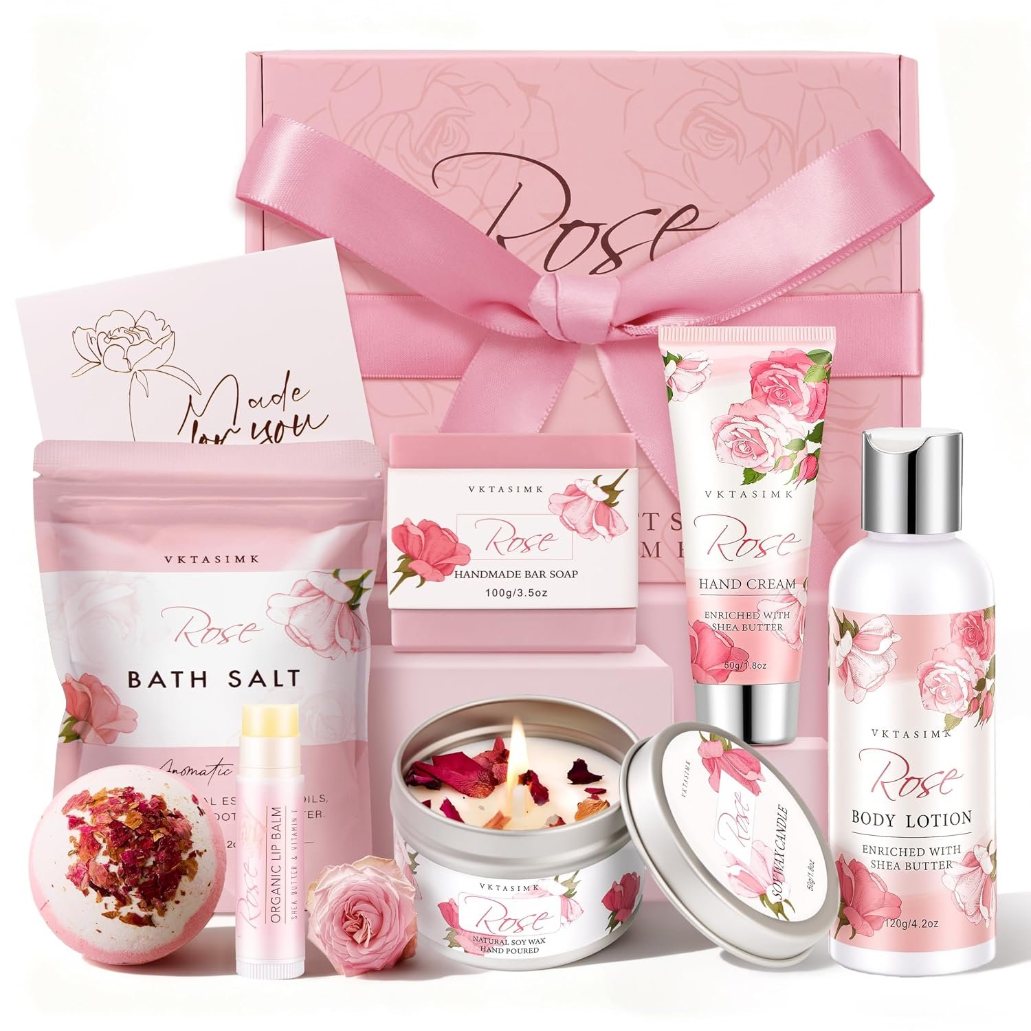Gifts for Women Birthday Gift Baskets, Rose Relaxing Home Spa Set