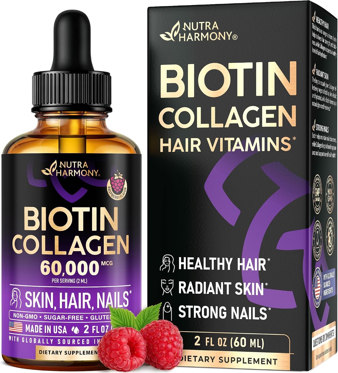 Liquid Biotin & Collagen 60,000mcg – Biotin for Hair Growth Support – 2 Oz