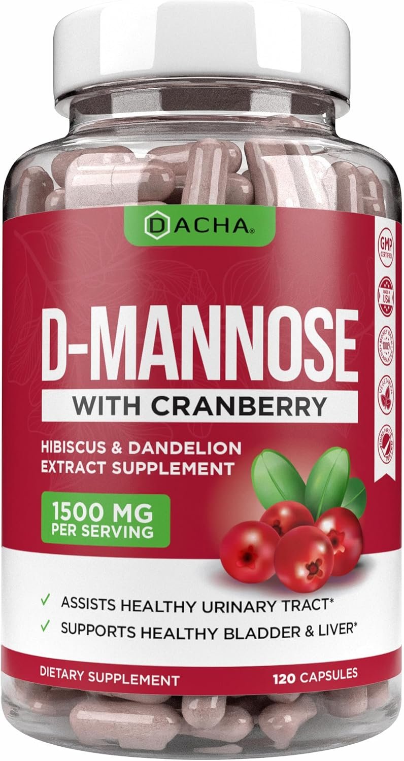 Natural D-Mannose Capsules 4-in-1 Formula – 120 CAPS, 1500 MG Cranberry, Dandelion, Hibiscus Flower Extract, Pills for Supporting Bladder and Urinary Tract Health