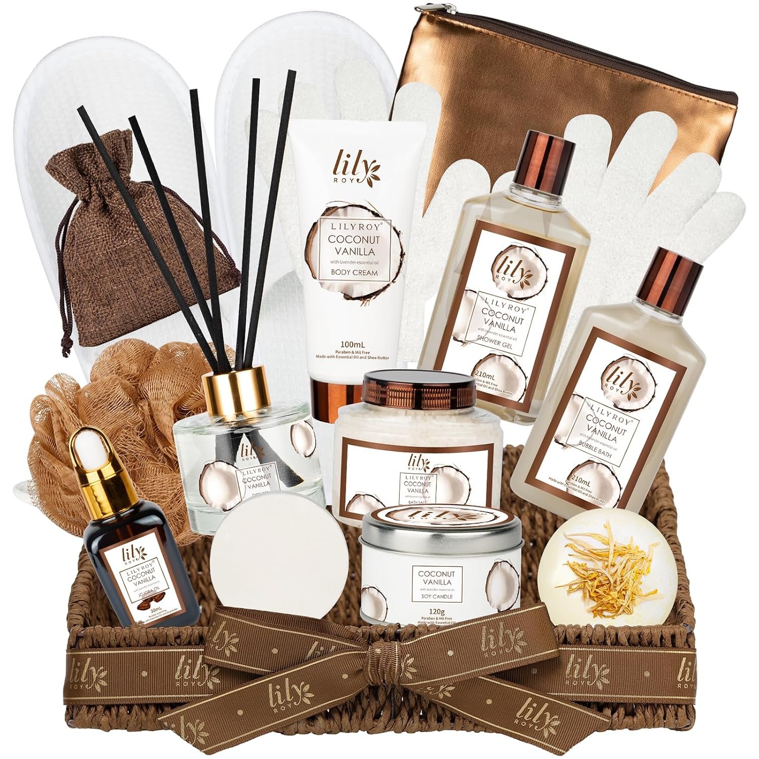Coconut Vanilla Spa Gift Set, Complete Spa Gift Baskets for Women & Men