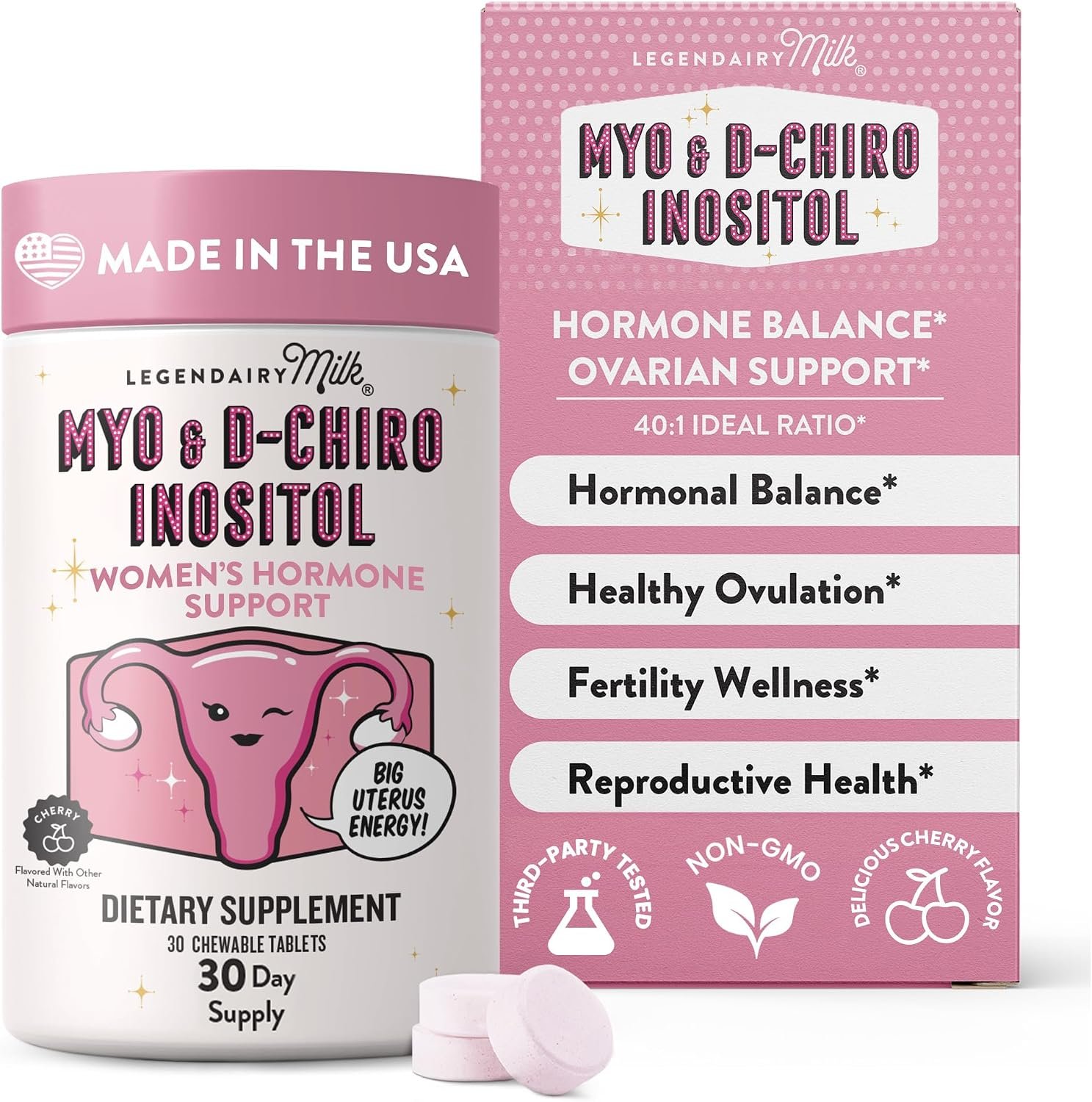Legendairy Milk Myo Inositol and D Chiro Inositol Supplement for Women, 40:1 Ratio, Sugar Free, Vegan, Chewable Tablets, Cherry Flavor, 30 Day Supply