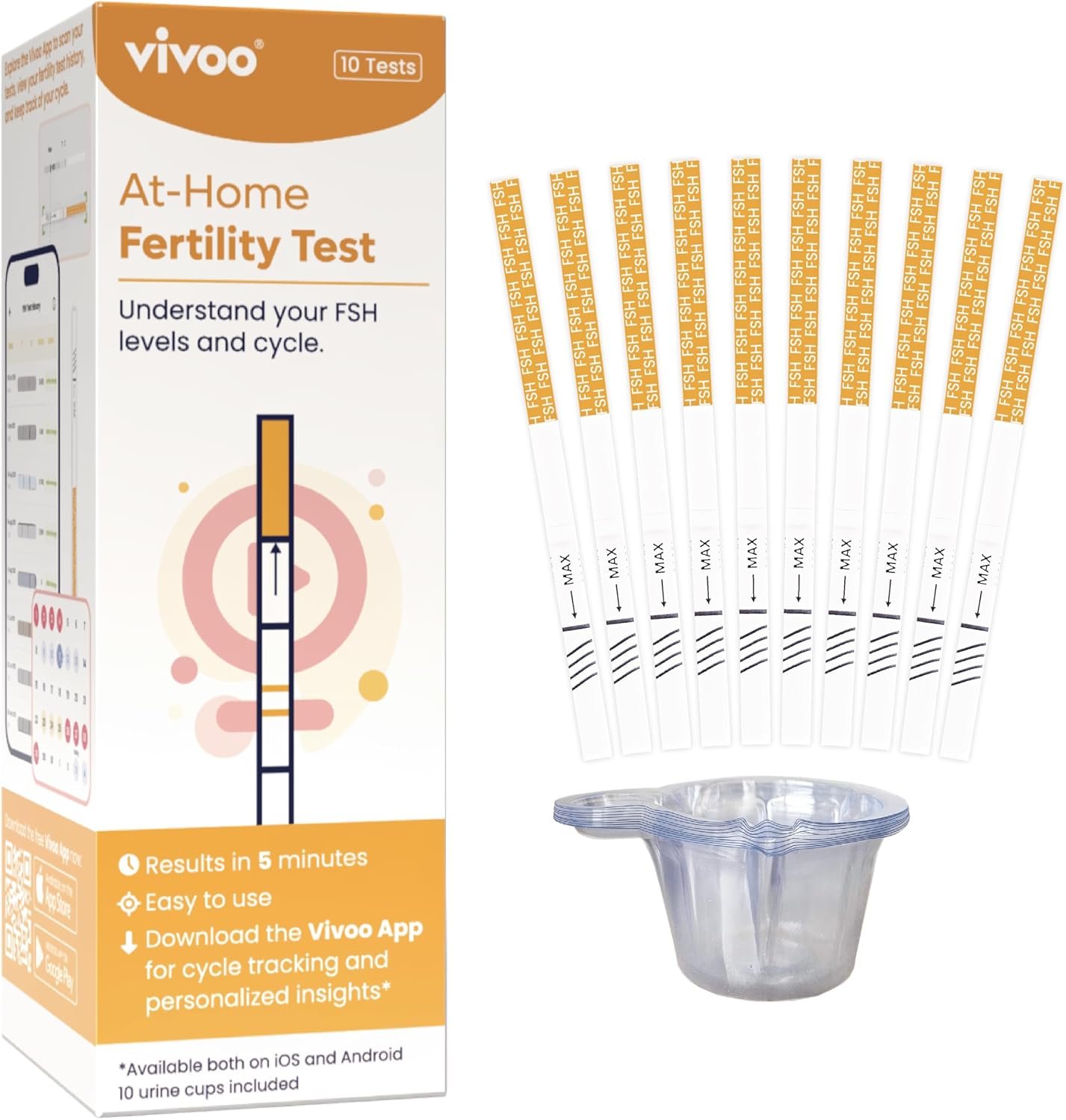 Vivoo FSH Fertility & Menopause Test — At-Home Ovarian Reserve and Perimenopause Hormone Test for Women | 10 FSH Test Strips + 10 Cups | 5-Min Results | Free App Tracking