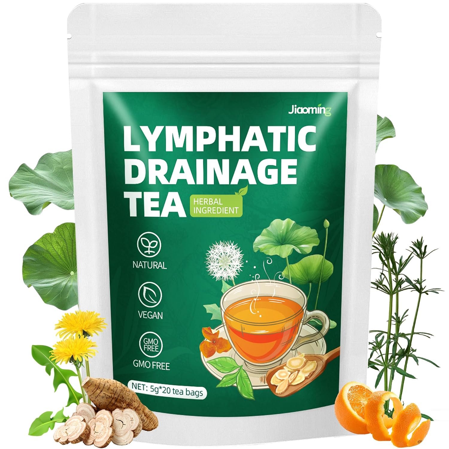Jiaoming Natural Cleavers Lymphatic Drainage Tea for Lymph System Cleanse & Detox Support, 8-in-1 Herbal Blend Tea with Dandelion Leaves, Burdock & Astragalus Roots Herbal Teabags