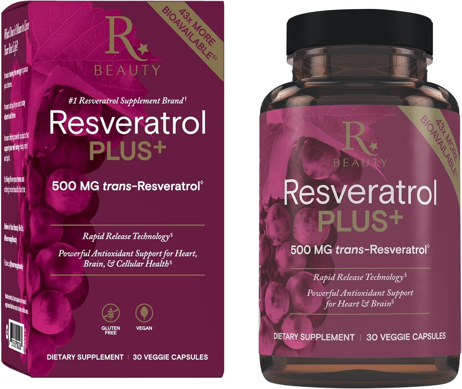 Reserveage Beauty Resveratrol Plus+ 500 mg, 30 Veggie Capsules