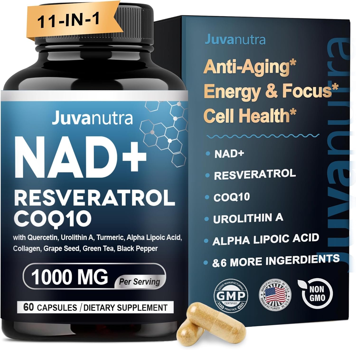 NAD Supplement 11-in-1 Extra Strength | Liposomal NAD with Resveratrol, CoQ10, ALA & Turmeric | Supports Anti-Aging, Cellular Repair, Energy & Focus | for Women & Men | 60 Capsules