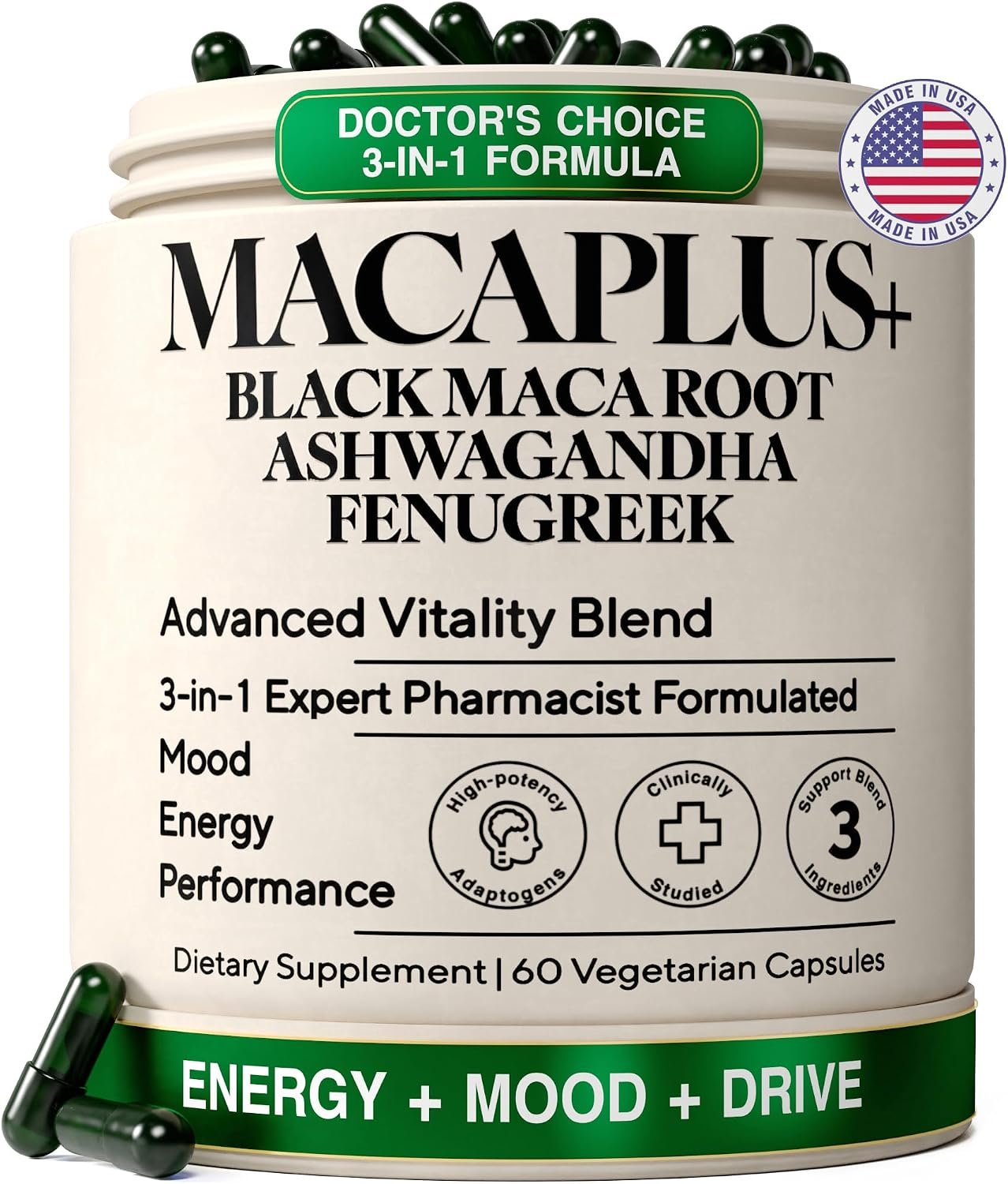 Maca Root Capsules for Men & Women, Organic Black Maca 40:1 Extract, 60ct