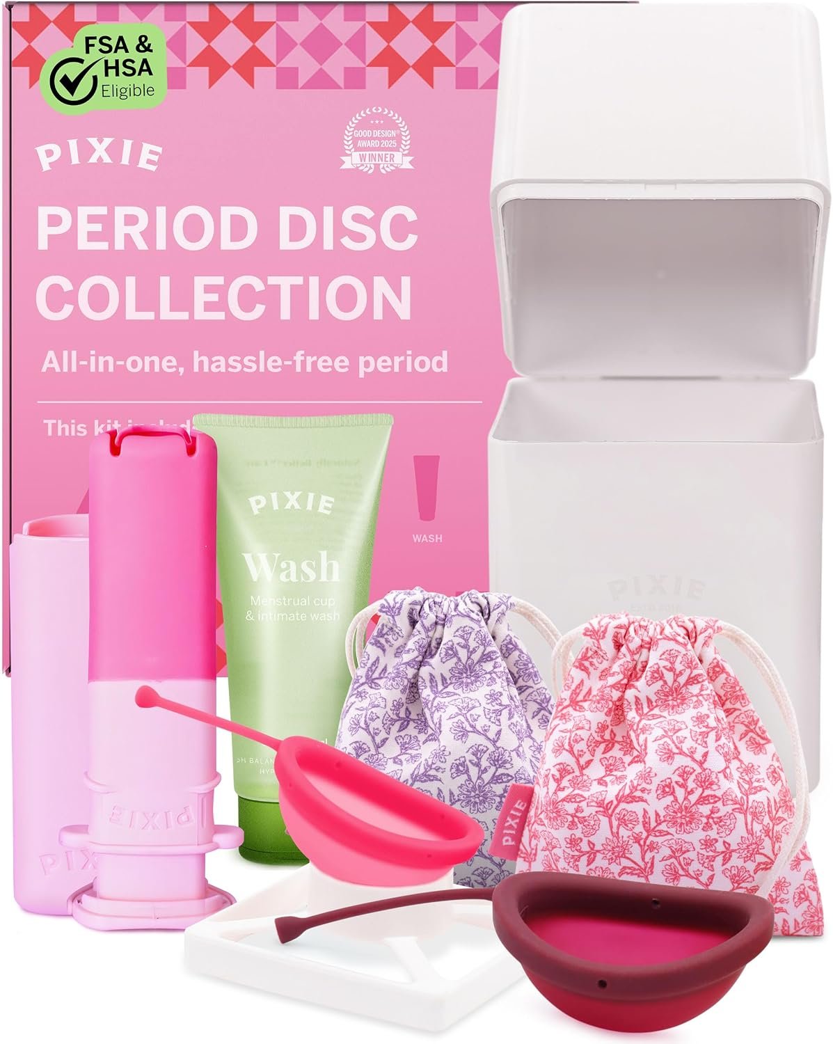 Pixie Menstrual Disc Collection – 2 Reusable Period Discs with Applicator, Sterilizer, Feminine Wash & Totes for Feminine Care, Tampon-Style Insertion – All-in-One Easy Period Solution