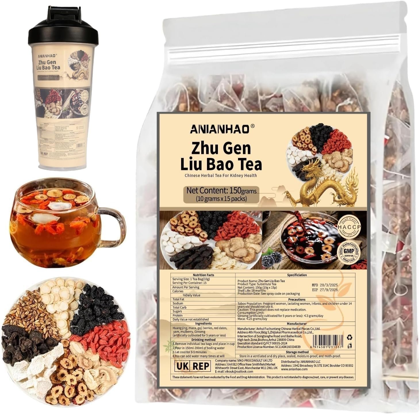 Detox and Cleanse – Ginseng Five Treasures Kidney Tea, Traditional Chinese Herbal TeaBags for Men & Women, Chinese Herbal Tea, 6 Ingredients Formula – Support Liver Cleanse &Repair – 150Grams w/Cup