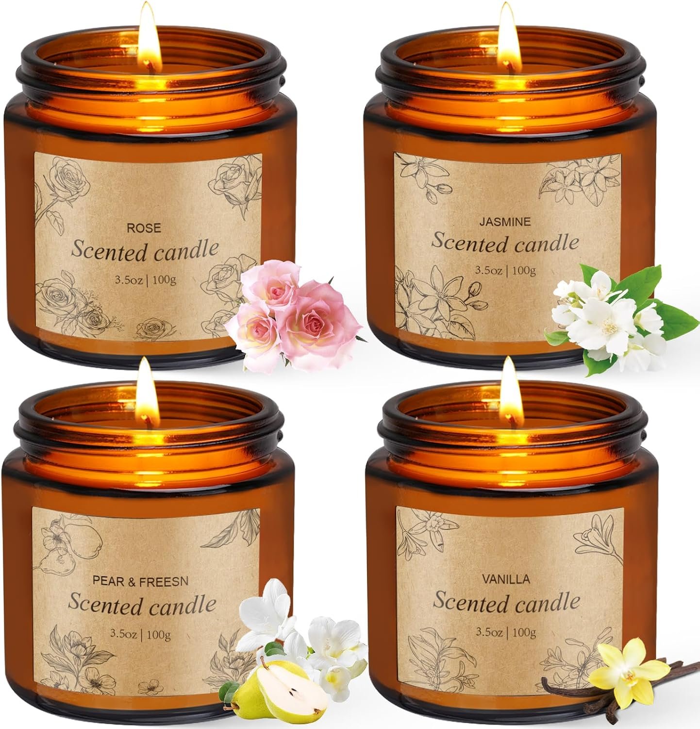 4 Packs Candles for Home Scented, Scented Candles Gifts for Women, Natural Soy Wax Amber Jar Candle, Long Lasting Aromatherapy Candle Gift Set for Birthday Valentine’s Day Mother’s Day