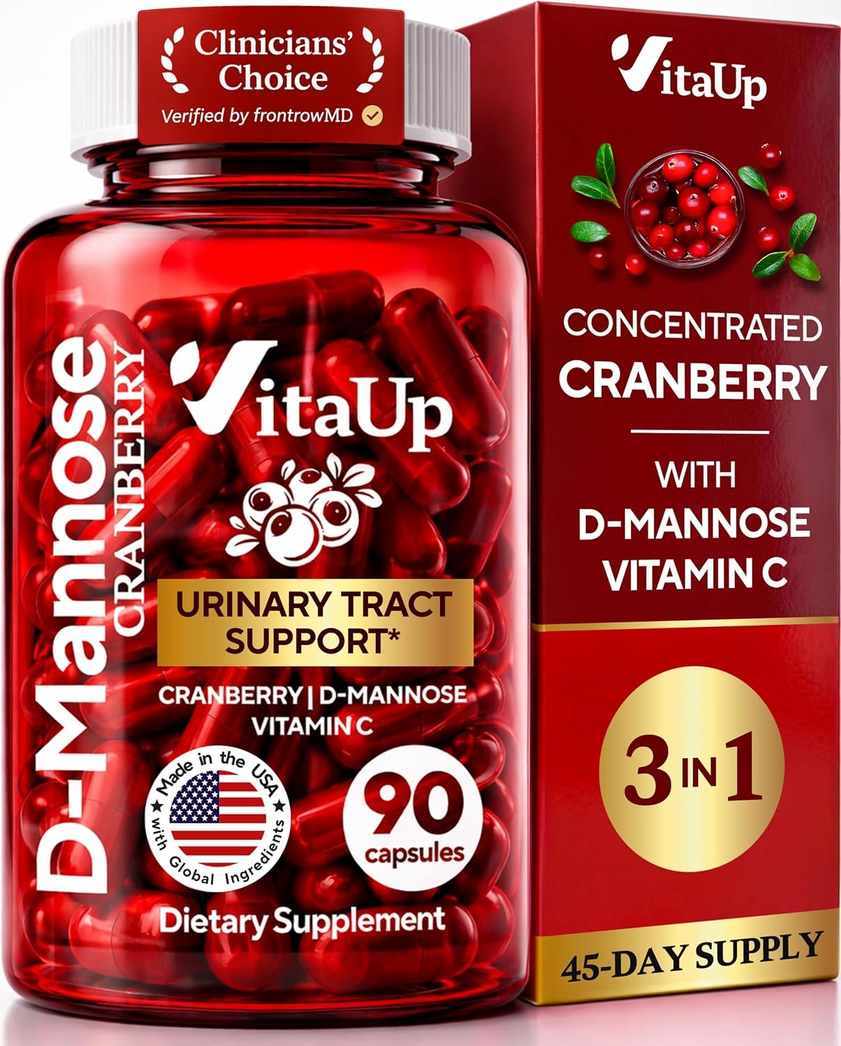 D Mannose with Cranberry Supplement for Women – Made in USA, Cranberry D Mannose & Vitamin C Supplement – Cranberry Capsules for Women for Urinary Tract & Bladder Support – 90 Vegan Capsules